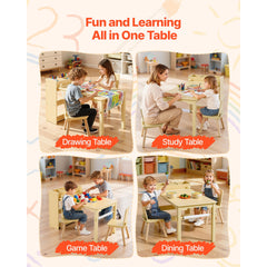 Kids Art Table and Chair Set, Toddler Craft Table with 3 Tiers Storage Cabinet, Wooden Kids Activity Play Desk with 2 Chairs, Craft Play Desk for Reading, Learning, Drawing, Writing, Light Wood