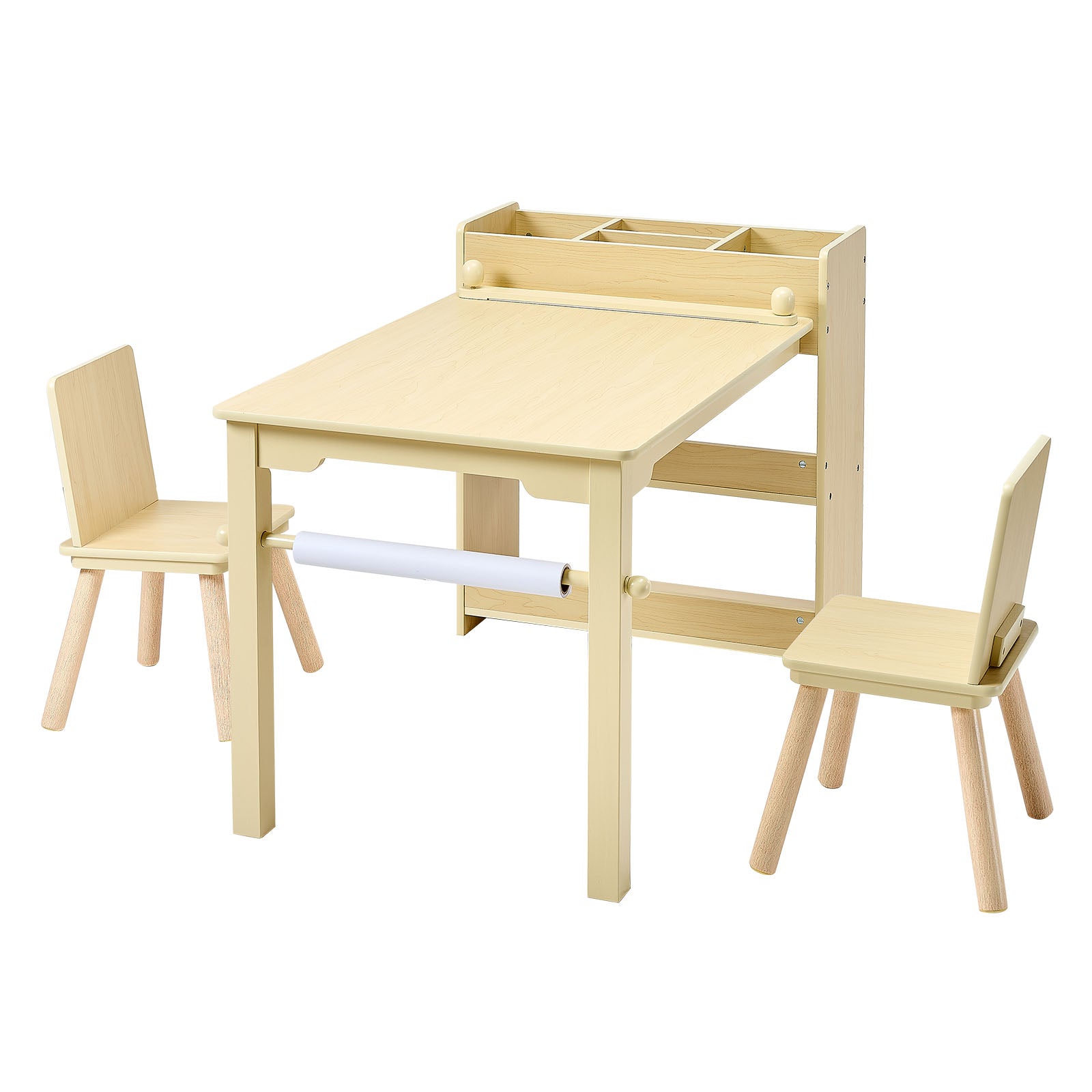 Kids Art Table and Chair Set, Toddler Craft Table with 3 Tiers Storage Cabinet, Wooden Kids Activity Play Desk with 2 Chairs, Craft Play Desk for Reading, Learning, Drawing, Writing, Light Wood