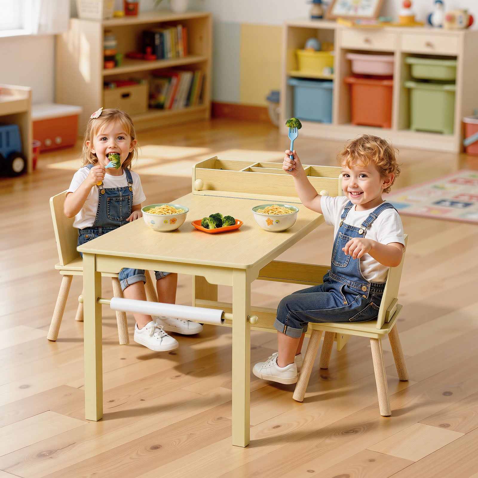 Kids Art Table and Chair Set, Toddler Craft Table with 3 Tiers Storage Cabinet, Wooden Kids Activity Play Desk with 2 Chairs, Craft Play Desk for Reading, Learning, Drawing, Writing, Light Wood