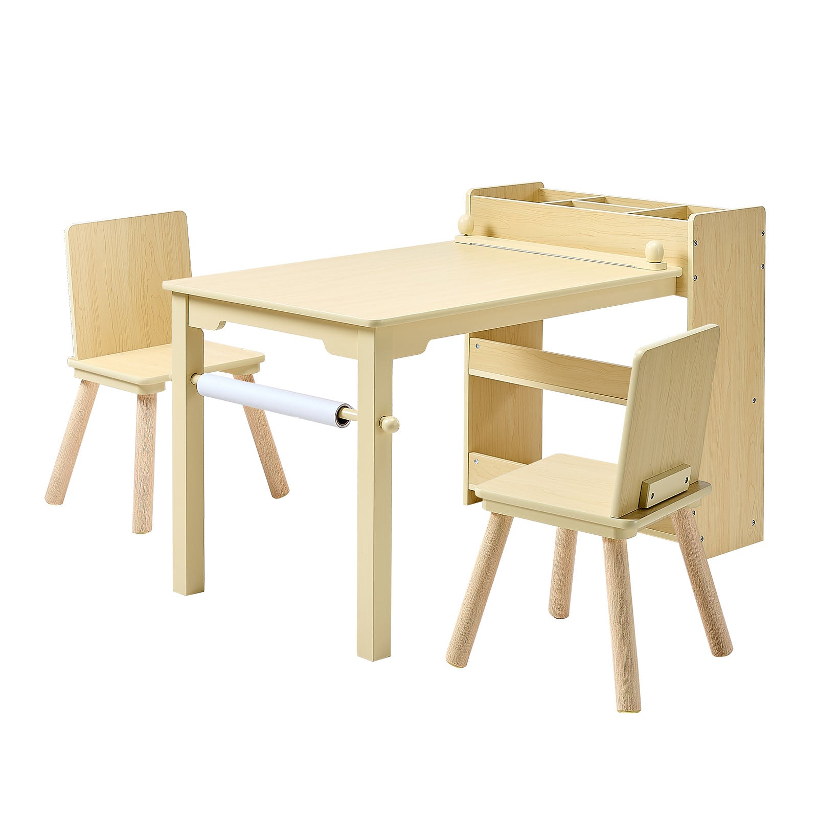 Kids Art Table and Chair Set, Toddler Craft Table with 3 Tiers Storage Cabinet, Wooden Kids Activity Play Desk with 2 Chairs, Craft Play Desk for Reading, Learning, Drawing, Writing, Light Wood