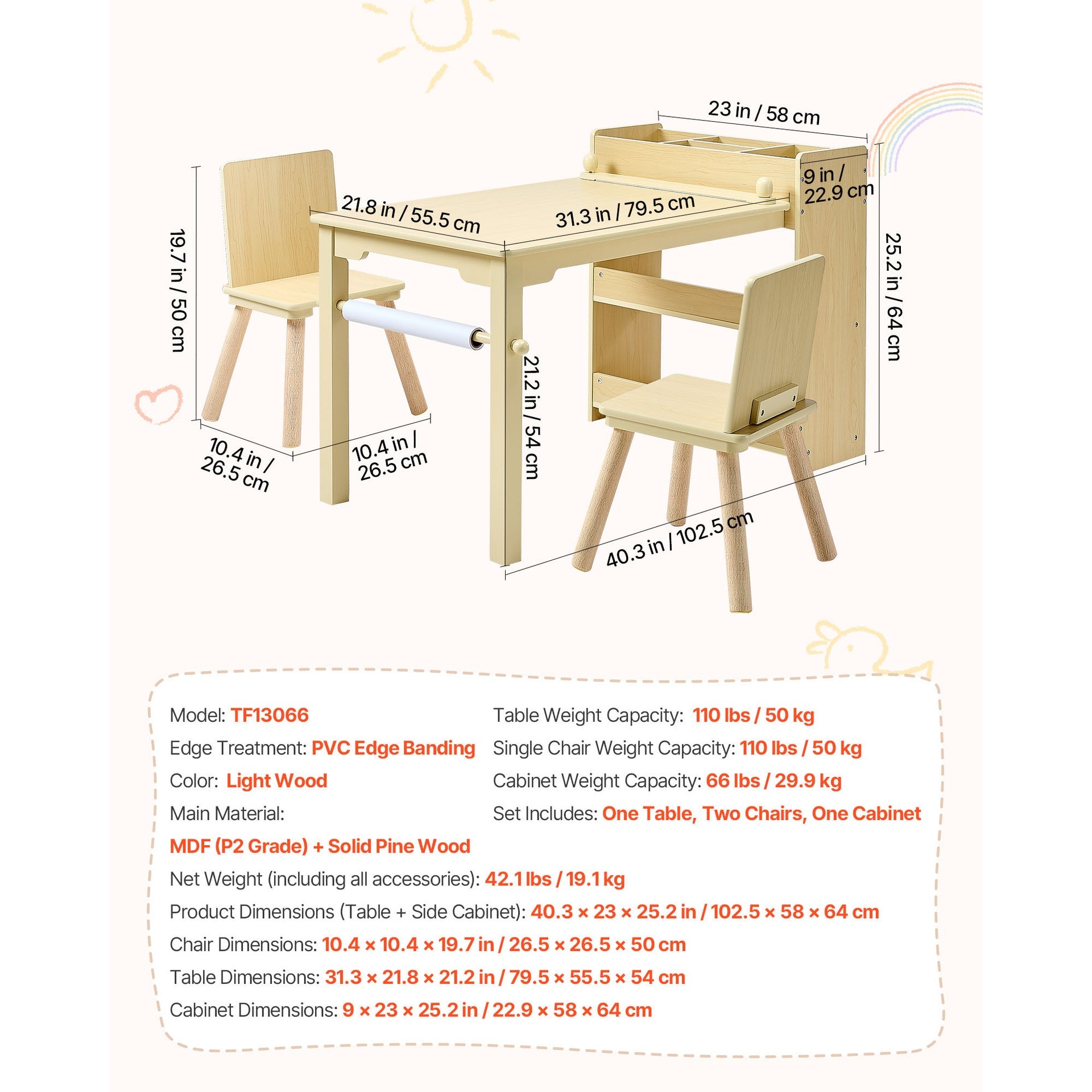 Kids Art Table and Chair Set, Toddler Craft Table with 3 Tiers Storage Cabinet, Wooden Kids Activity Play Desk with 2 Chairs, Craft Play Desk for Reading, Learning, Drawing, Writing, Light Wood
