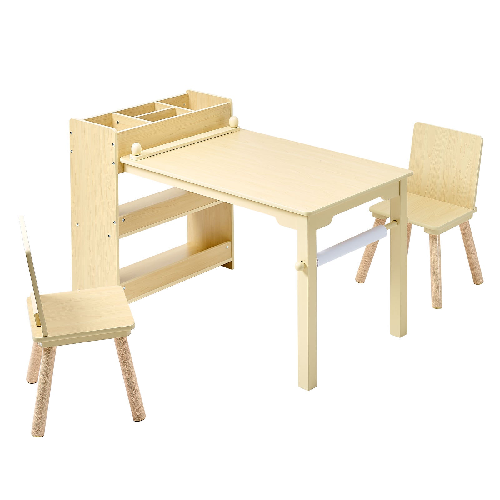 Kids Art Table and Chair Set, Toddler Craft Table with 3 Tiers Storage Cabinet, Wooden Kids Activity Play Desk with 2 Chairs, Craft Play Desk for Reading, Learning, Drawing, Writing, Light Wood