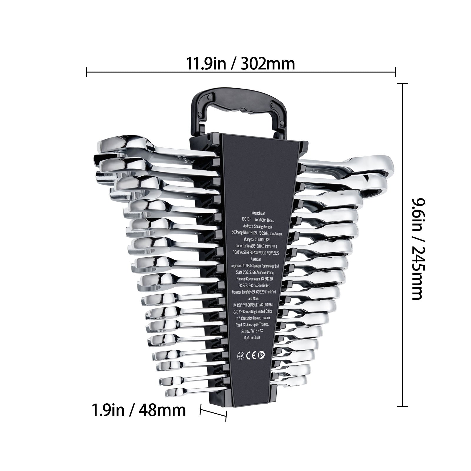 Combination Wrench Set 16-Piece Metric 8 mm to 24 mm with Organizer Rack