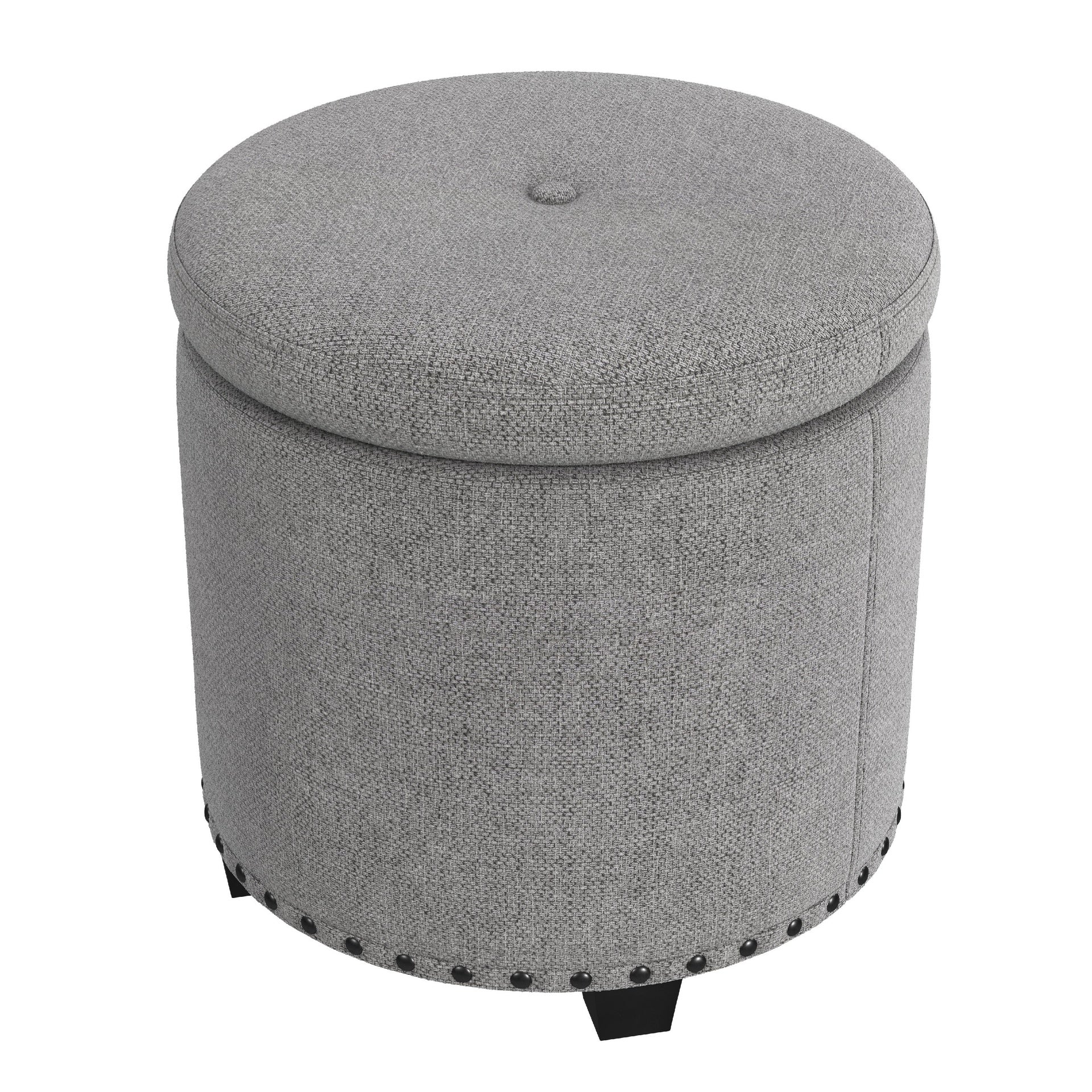 Zoya Storage Ottoman, 19 Inch Round Lift Top, Light Gray Woven Fabric
