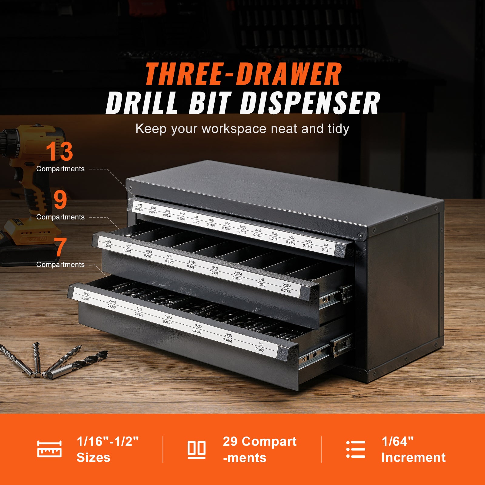 Drill Bit Dispenser Cabinet, Three-Drawer Drill Bit Organizer Cabinet for 1/16" to 1/2", Steel Drill Dispenser Organizer Cabinet with Labels, Stackable Drill Dispenser for Drill Bit Storage