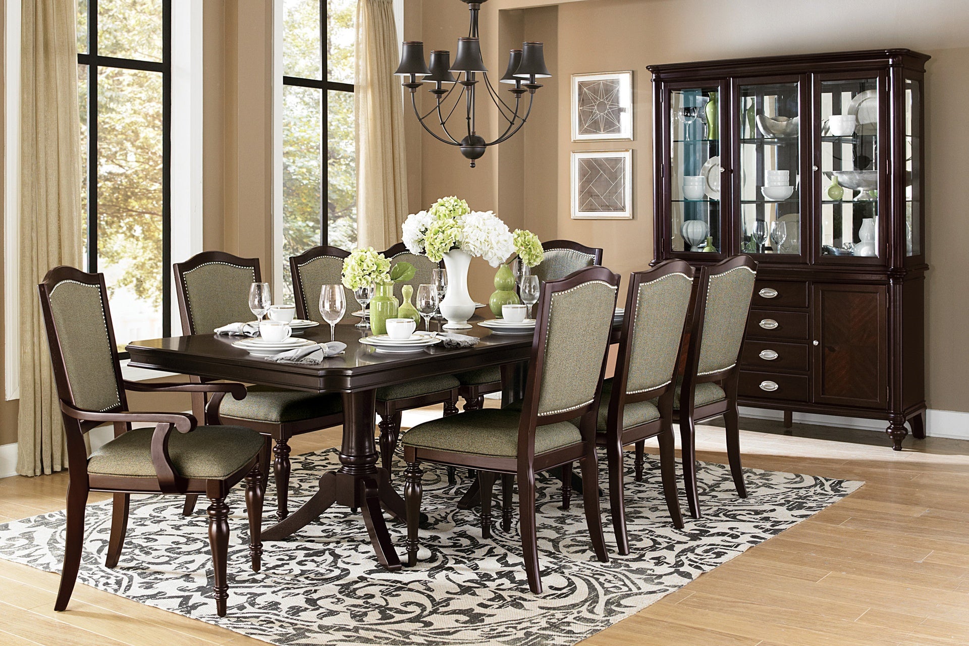 Dark Cherry Finish Dining Chairs Set of 2 Upholstered Seat and Back Nailhead Trim Wooden Furniture Side Chairs Set
