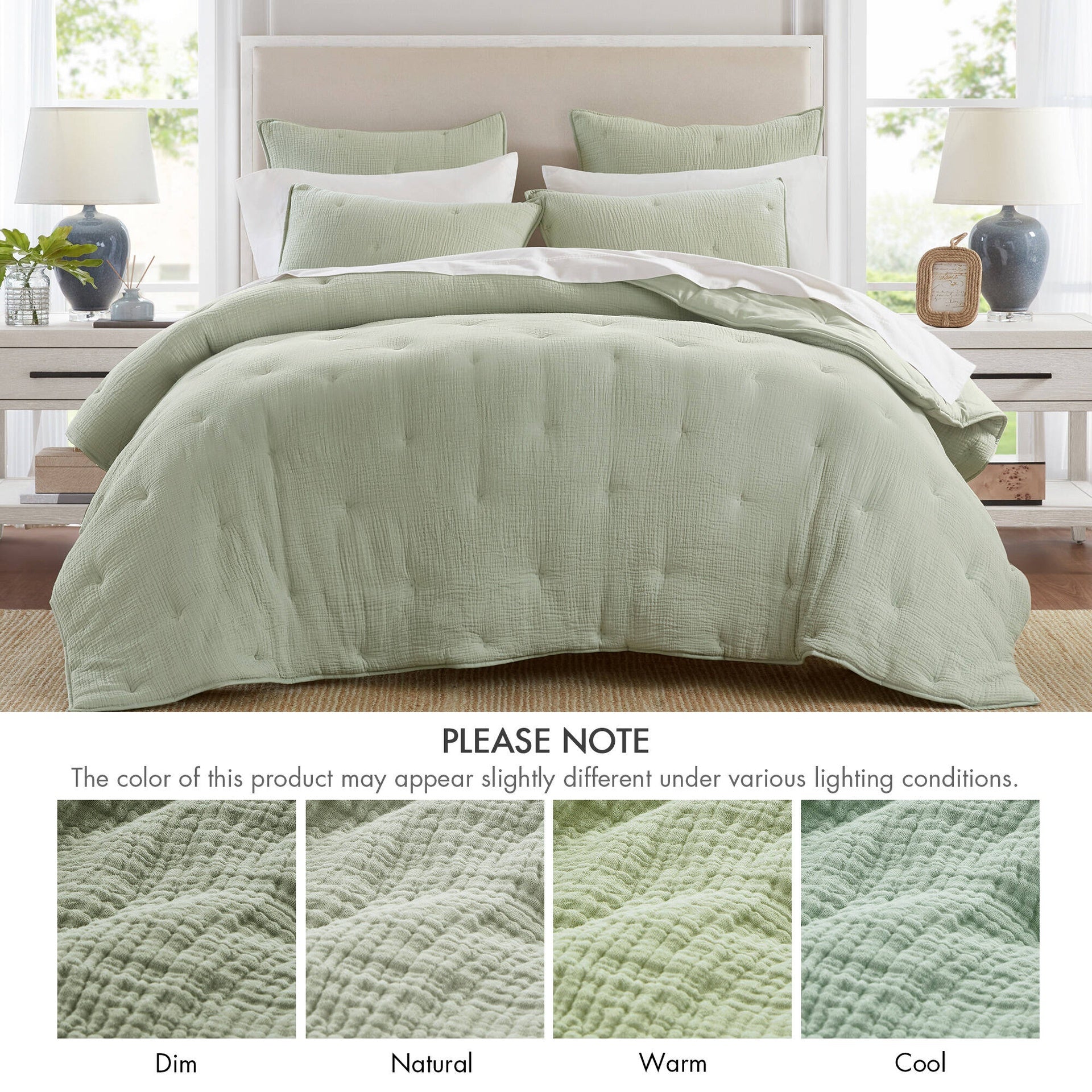 3-Piece King Cotton Gauze  Embroidered Quilt Set,Sage