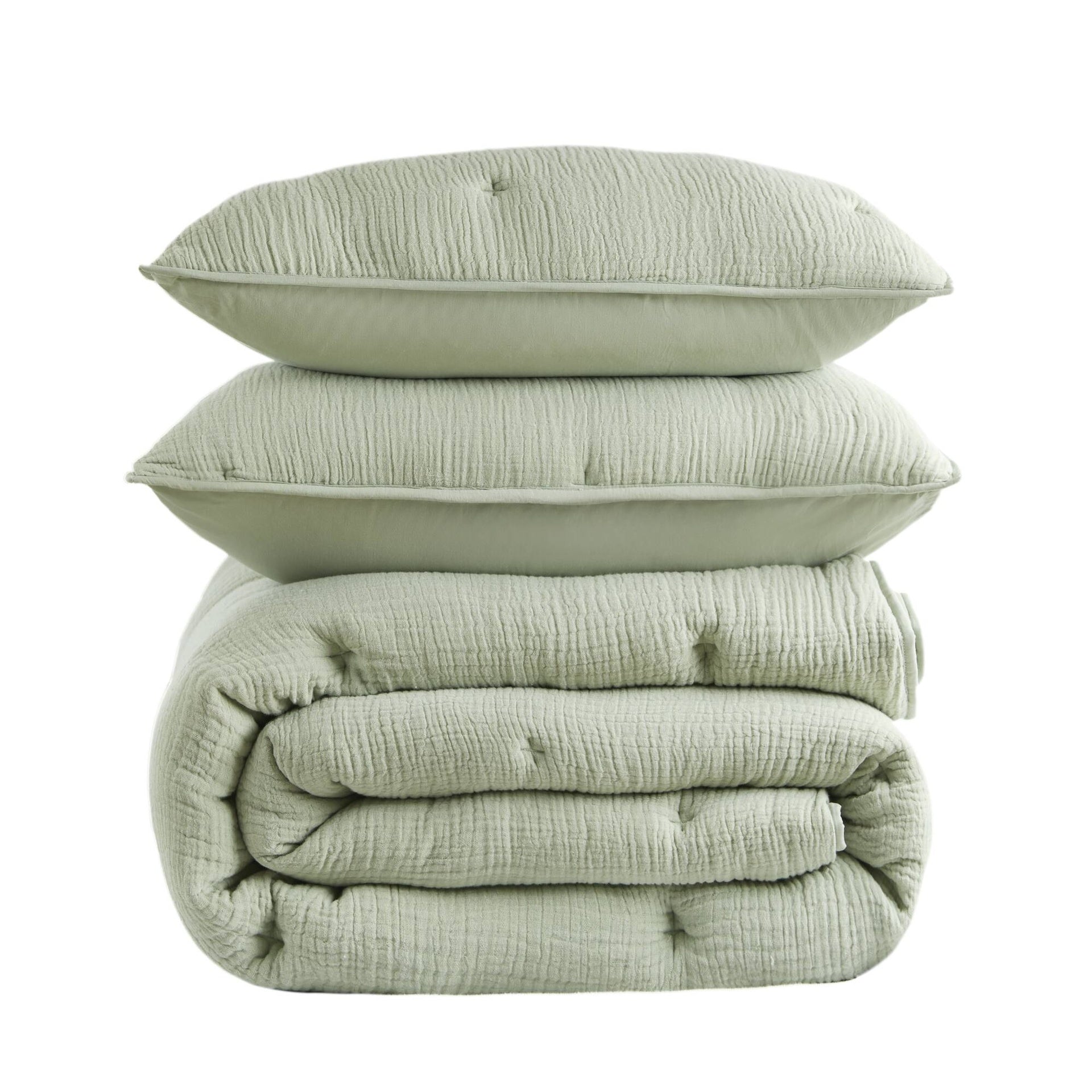 3-Piece King Cotton Gauze  Embroidered Quilt Set,Sage