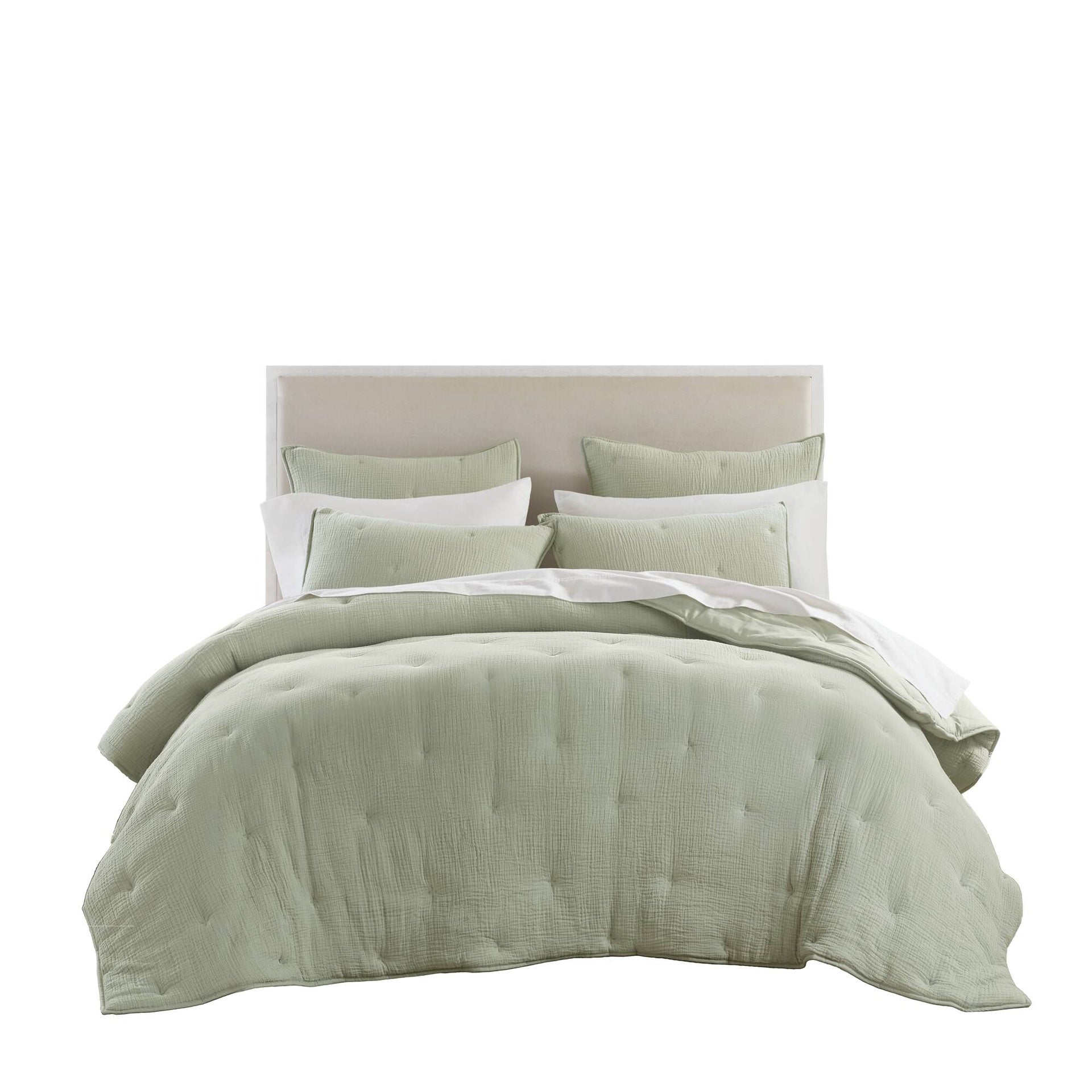 3-Piece King Cotton Gauze  Embroidered Quilt Set,Sage