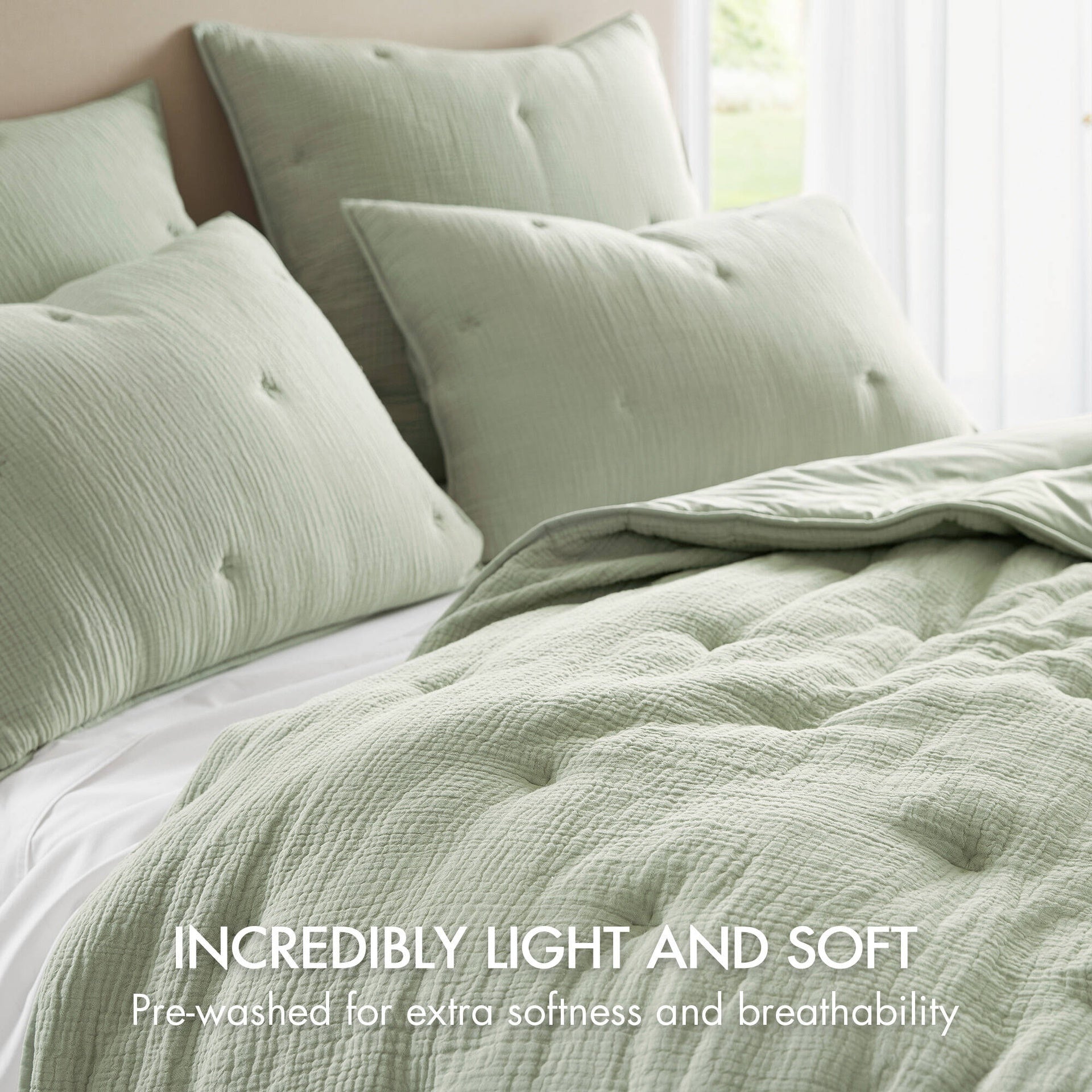 3-Piece King Cotton Gauze  Embroidered Quilt Set,Sage