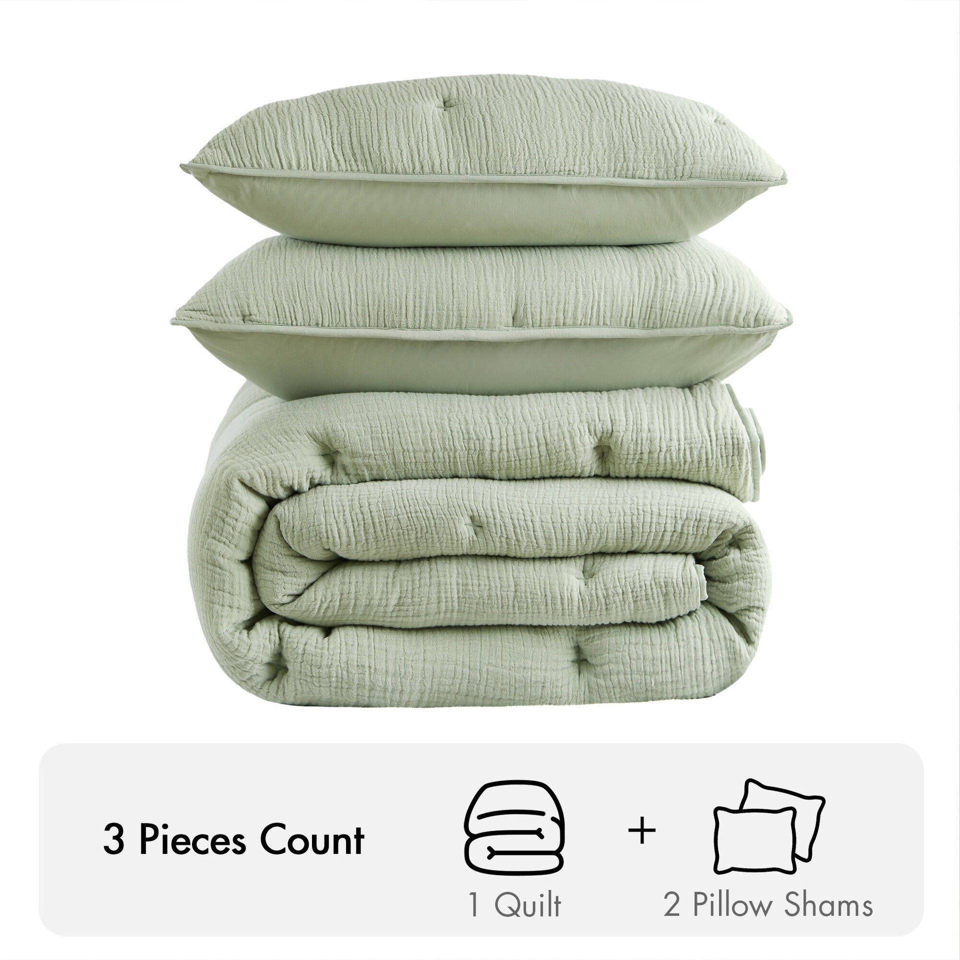 3-Piece King Cotton Gauze  Embroidered Quilt Set,Sage