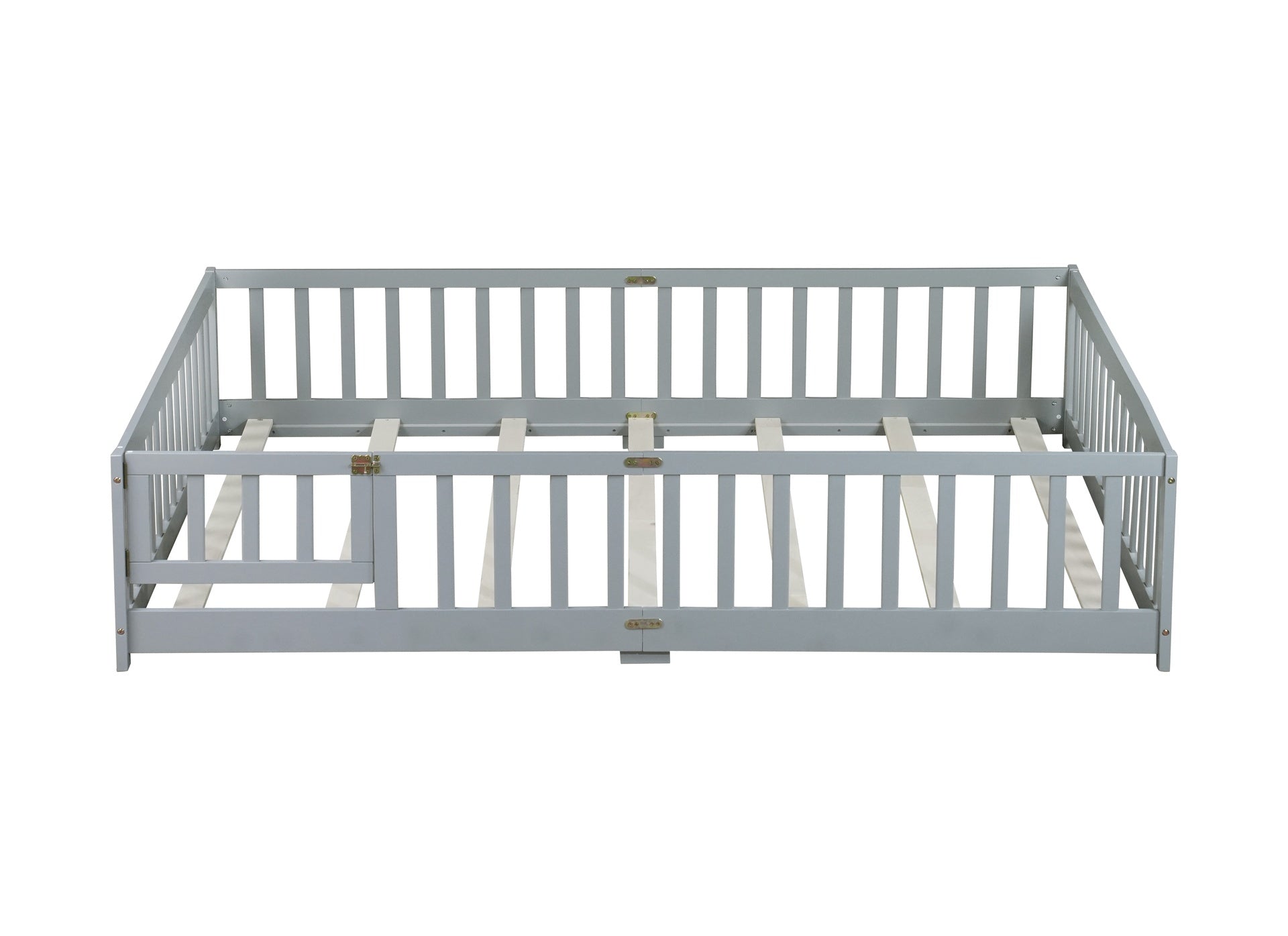 Queen Size Floor Bed with Fence,Door,Rubber Wood Floor Bed with Safety Guardrails,Grey