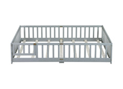Queen Size Floor Bed with Fence,Door,Rubber Wood Floor Bed with Safety Guardrails,Grey