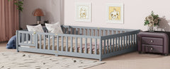 Queen Size Floor Bed with Fence,Door,Rubber Wood Floor Bed with Safety Guardrails,Grey