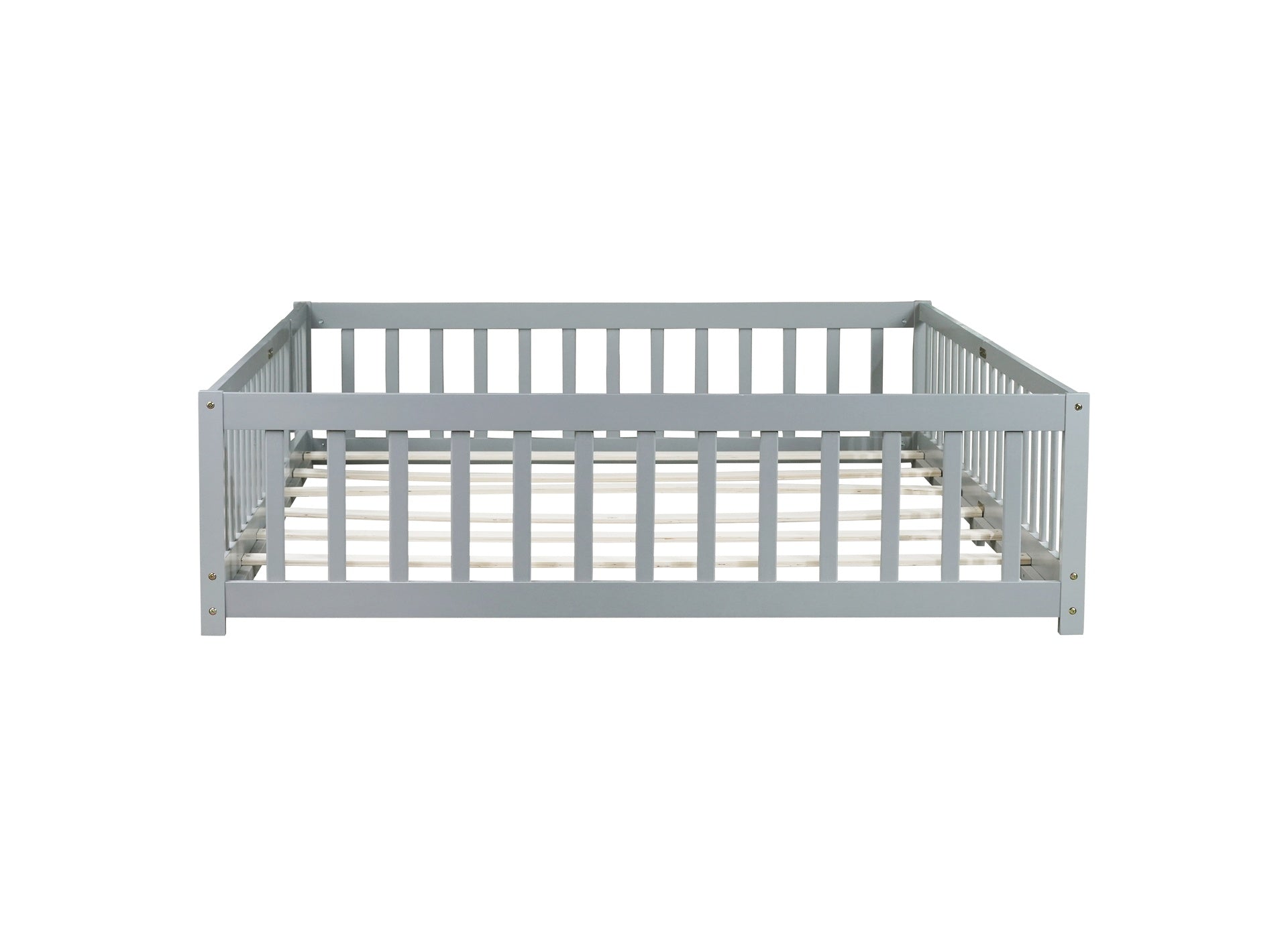 Queen Size Floor Bed with Fence,Door,Rubber Wood Floor Bed with Safety Guardrails,Grey