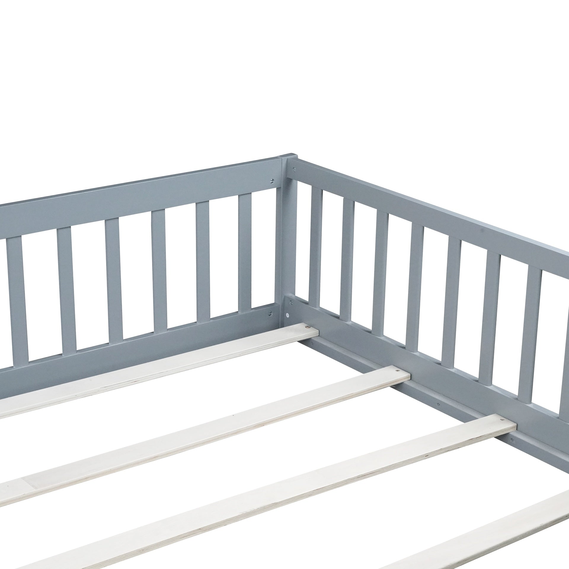 Queen Size Floor Bed with Fence,Door,Rubber Wood Floor Bed with Safety Guardrails,Grey