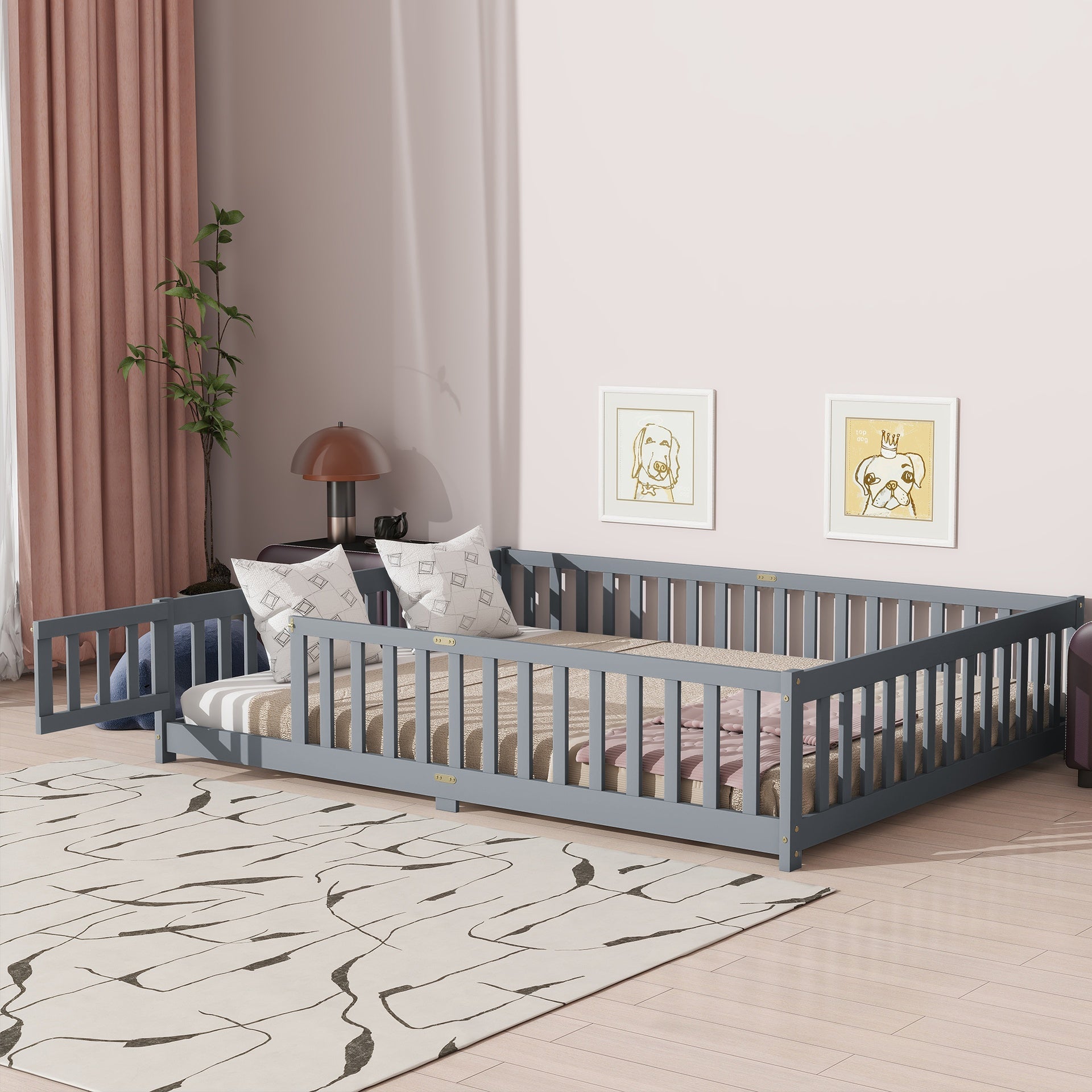 Queen Size Floor Bed with Fence,Door,Rubber Wood Floor Bed with Safety Guardrails,Grey