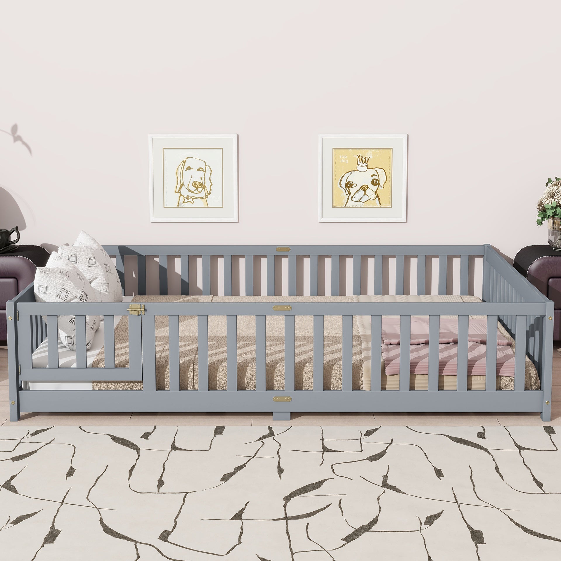 Queen Size Floor Bed with Fence,Door,Rubber Wood Floor Bed with Safety Guardrails,Grey