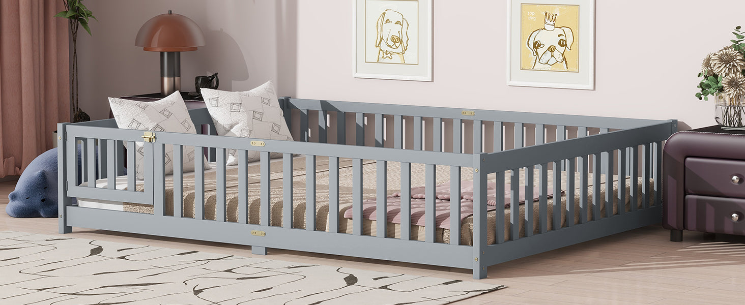 Queen Size Floor Bed with Fence,Door,Rubber Wood Floor Bed with Safety Guardrails,Grey