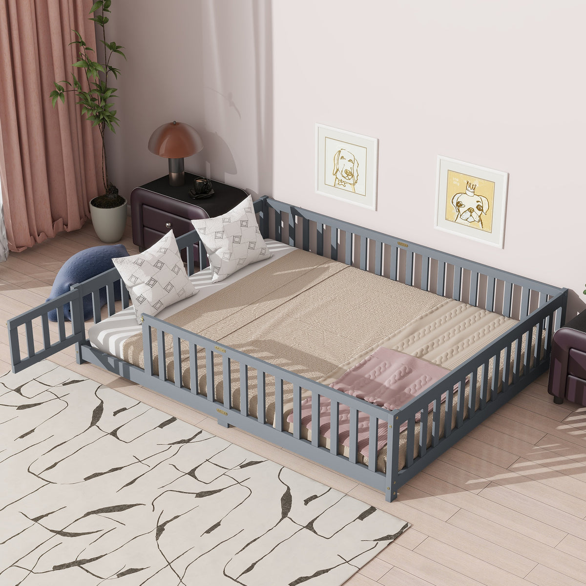 Queen Size Floor Bed with Fence,Door,Rubber Wood Floor Bed with Safety Guardrails,Grey