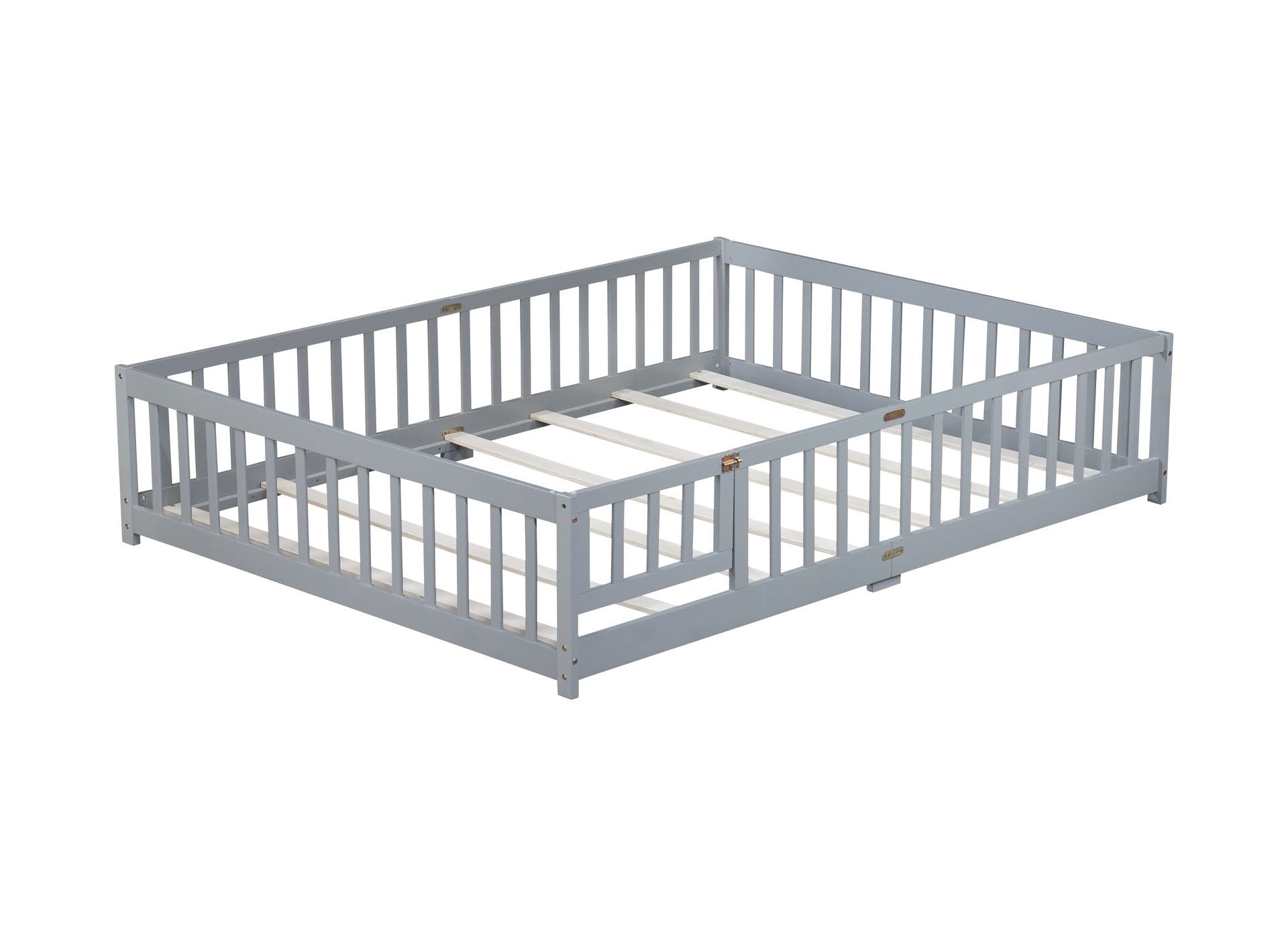 Queen Size Floor Bed with Fence,Door,Rubber Wood Floor Bed with Safety Guardrails,Grey