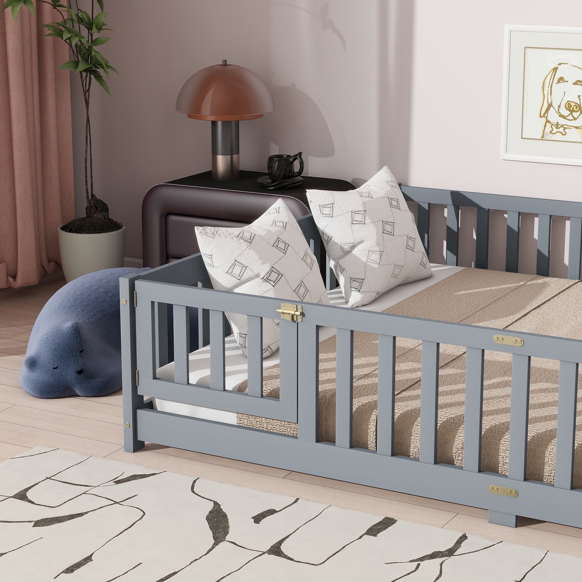 Queen Size Floor Bed with Fence,Door,Rubber Wood Floor Bed with Safety Guardrails,Grey