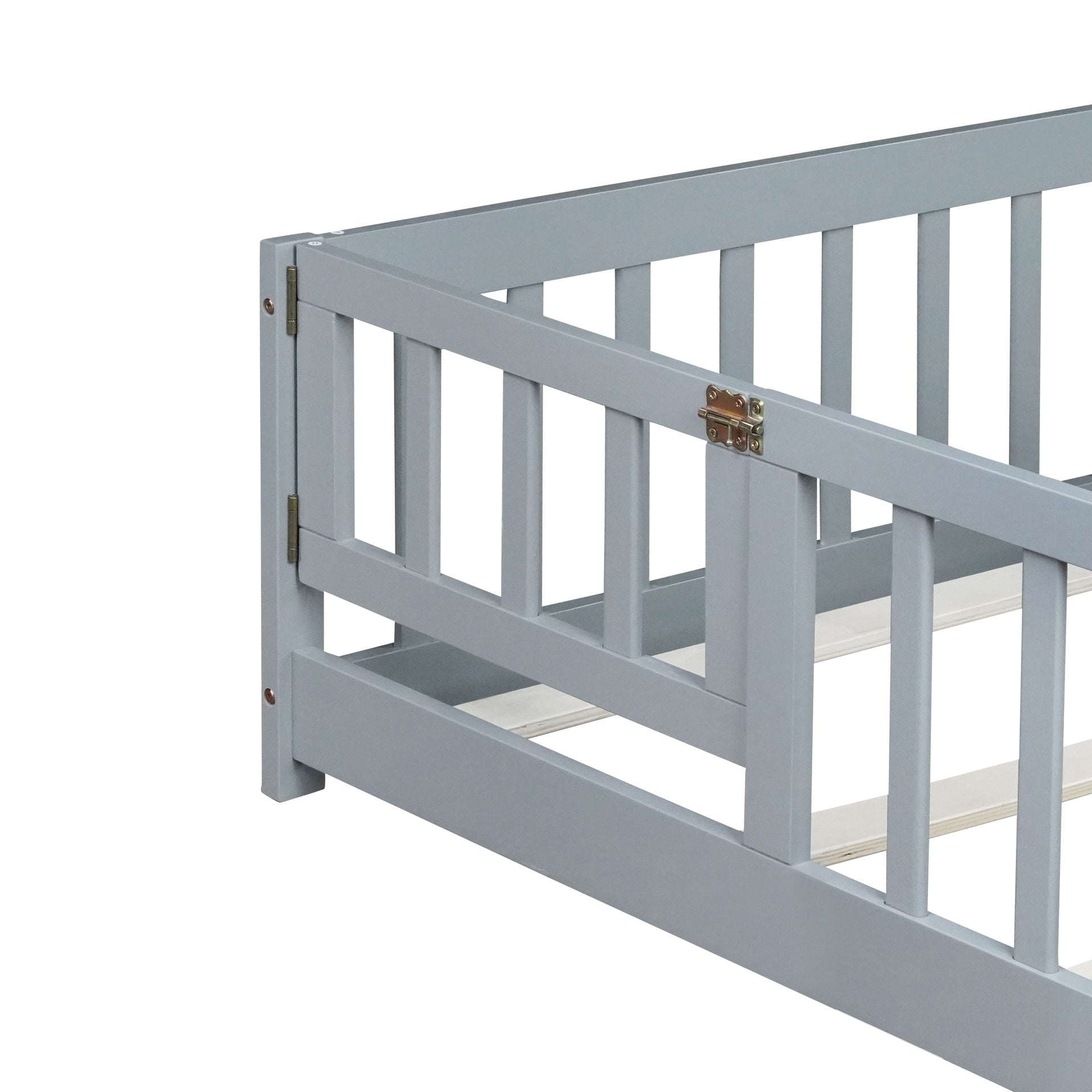 Queen Size Floor Bed with Fence,Door,Rubber Wood Floor Bed with Safety Guardrails,Grey