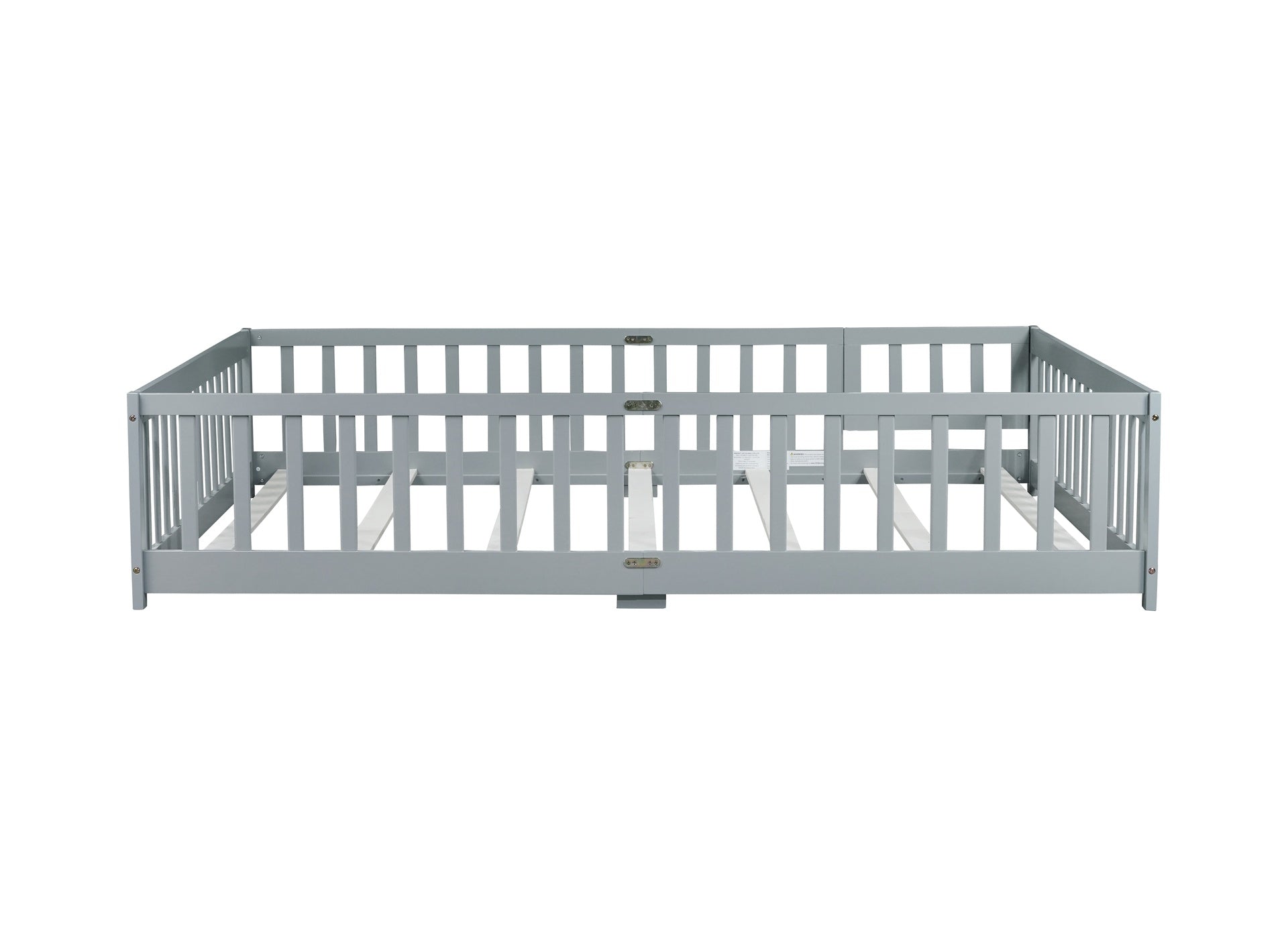 Queen Size Floor Bed with Fence,Door,Rubber Wood Floor Bed with Safety Guardrails,Grey