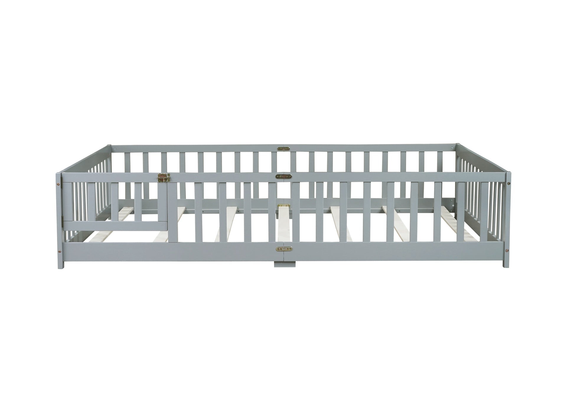 Queen Size Floor Bed with Fence,Door,Rubber Wood Floor Bed with Safety Guardrails,Grey