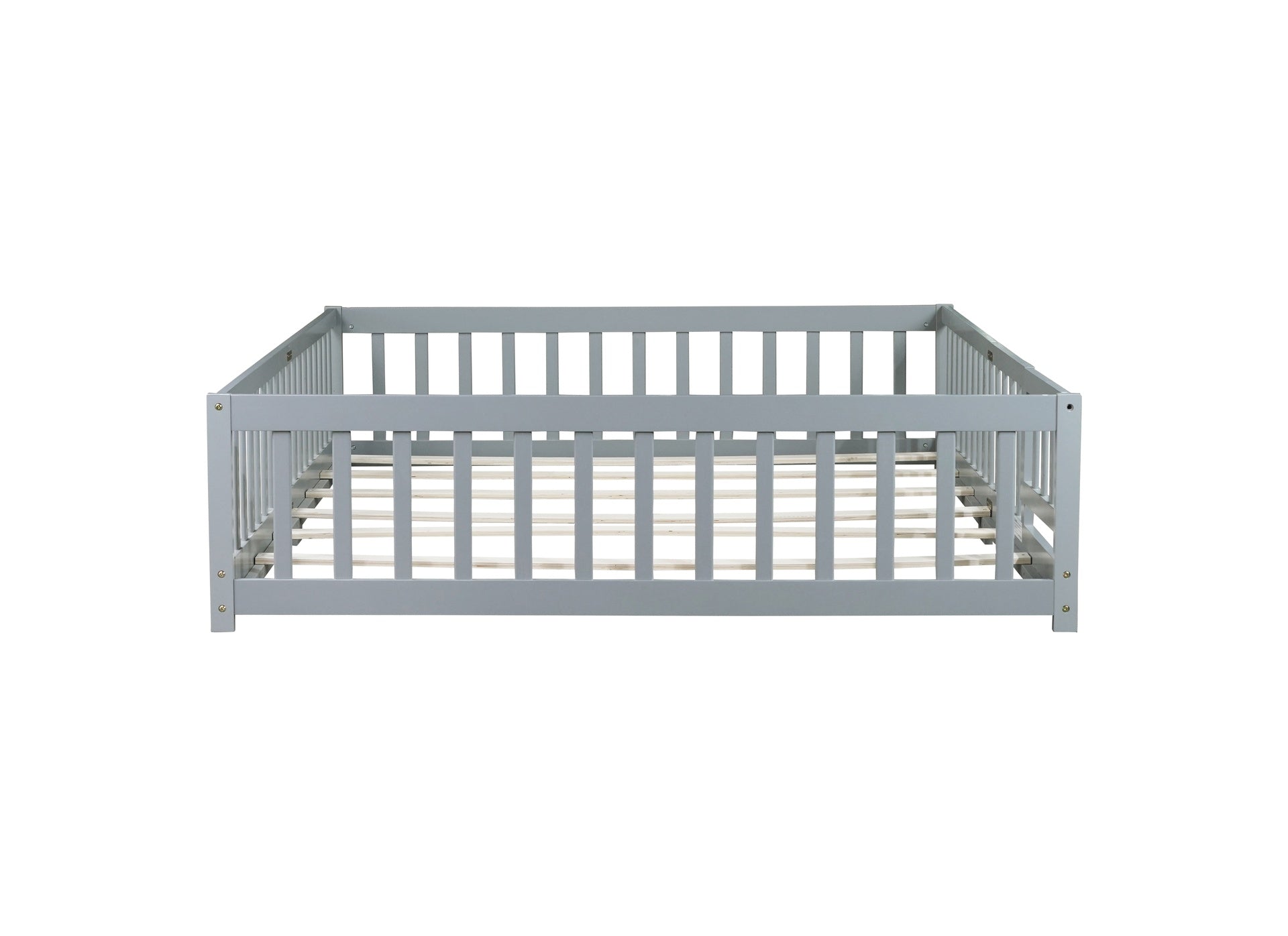 Queen Size Floor Bed with Fence,Door,Rubber Wood Floor Bed with Safety Guardrails,Grey