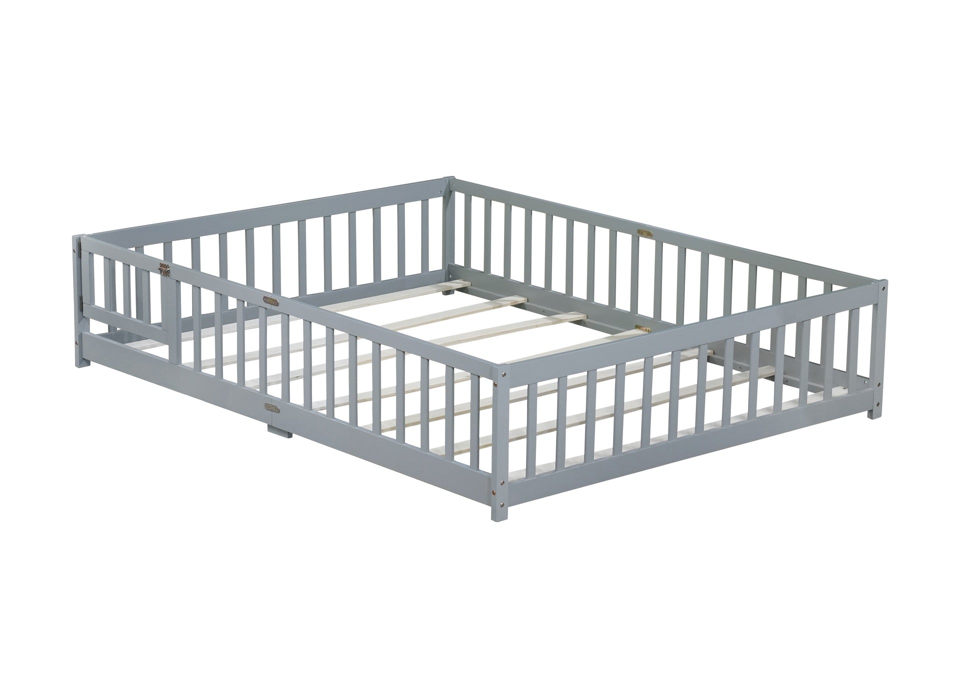 Queen Size Floor Bed with Fence,Door,Rubber Wood Floor Bed with Safety Guardrails,Grey