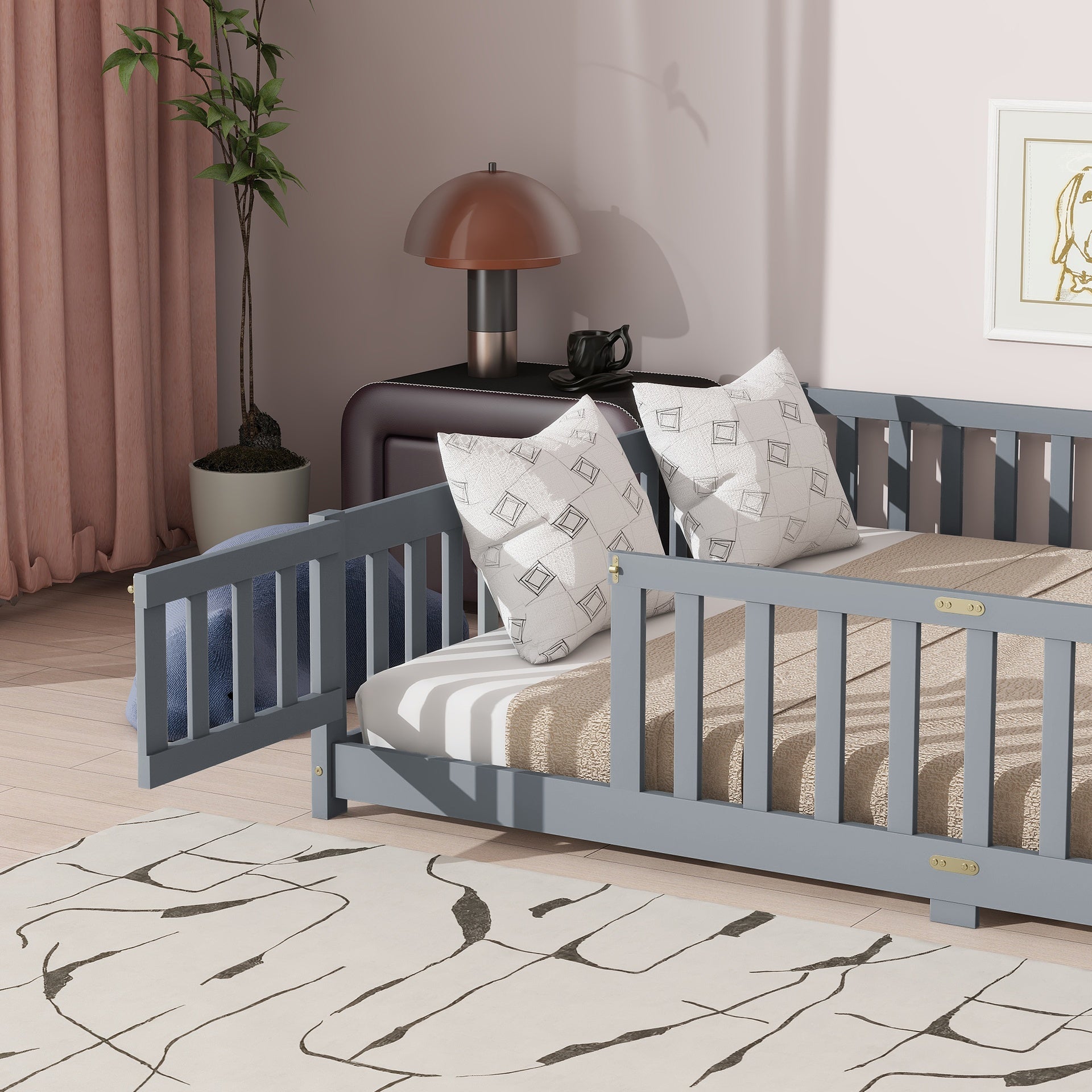 Queen Size Floor Bed with Fence,Door,Rubber Wood Floor Bed with Safety Guardrails,Grey