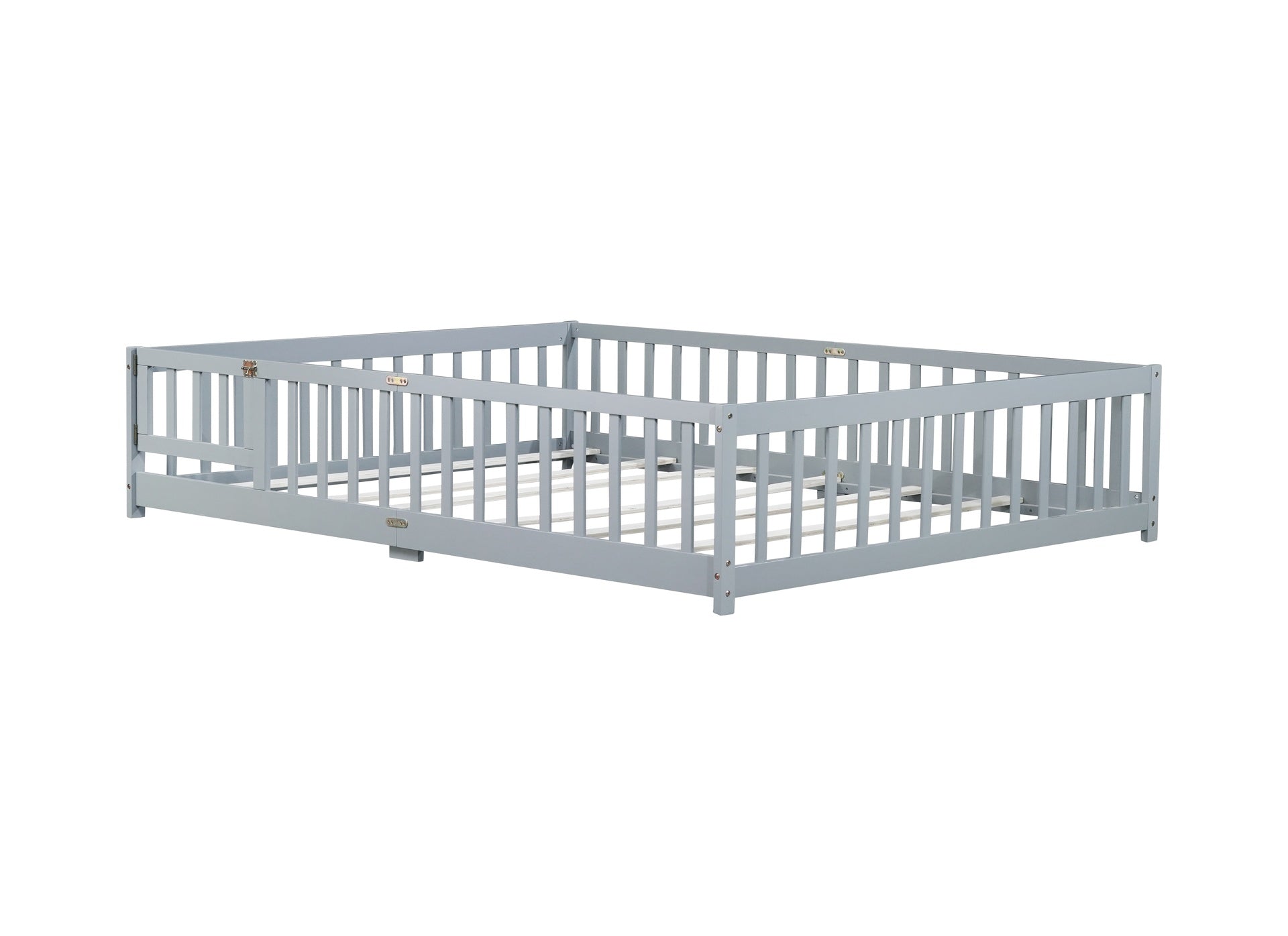 Queen Size Floor Bed with Fence,Door,Rubber Wood Floor Bed with Safety Guardrails,Grey