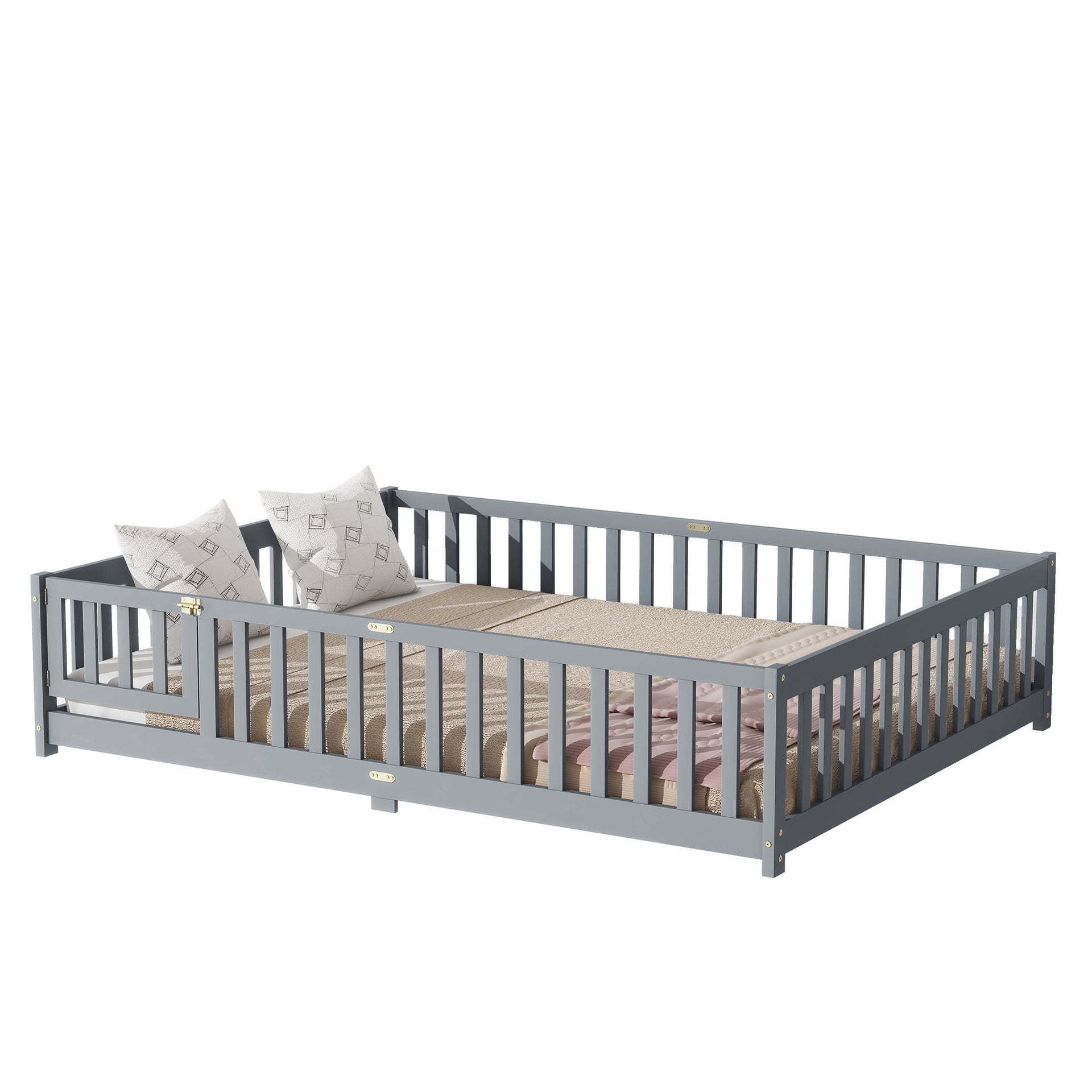 Queen Size Floor Bed with Fence,Door,Rubber Wood Floor Bed with Safety Guardrails,Grey