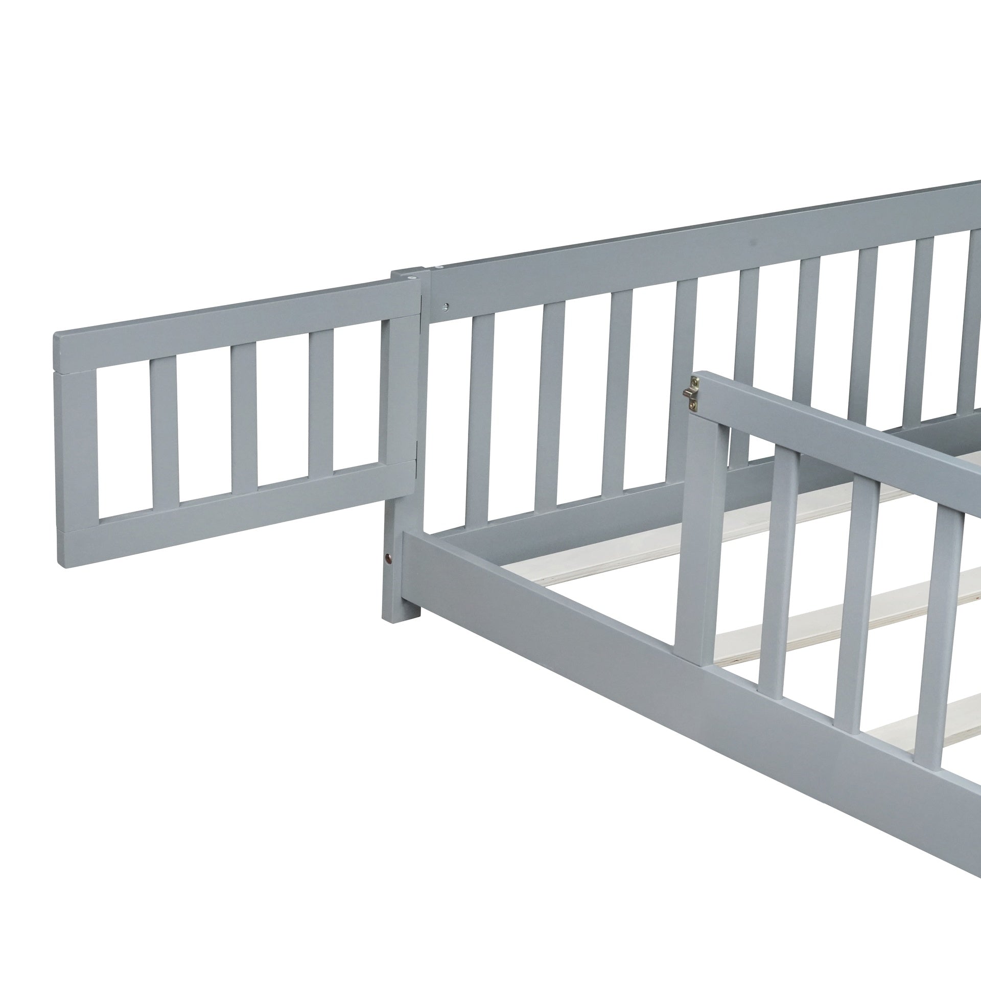 Queen Size Floor Bed with Fence,Door,Rubber Wood Floor Bed with Safety Guardrails,Grey