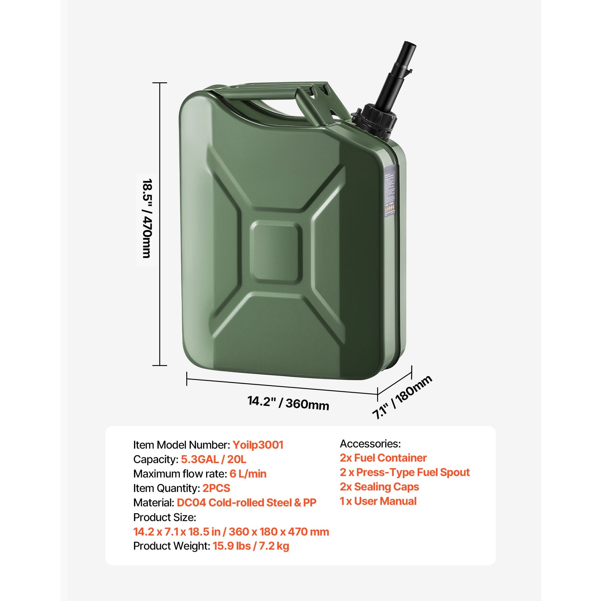 Metal Fuel Container, 5.3 Gallon, Fuel Jerry Can with Spout and Comfort Handle, 6 L/min Max Flow Rate, Leakproof & Corrosion-resistant Metal Gas Tank Most Cars Motorcycle ATV UTV, Green, 2 Packs