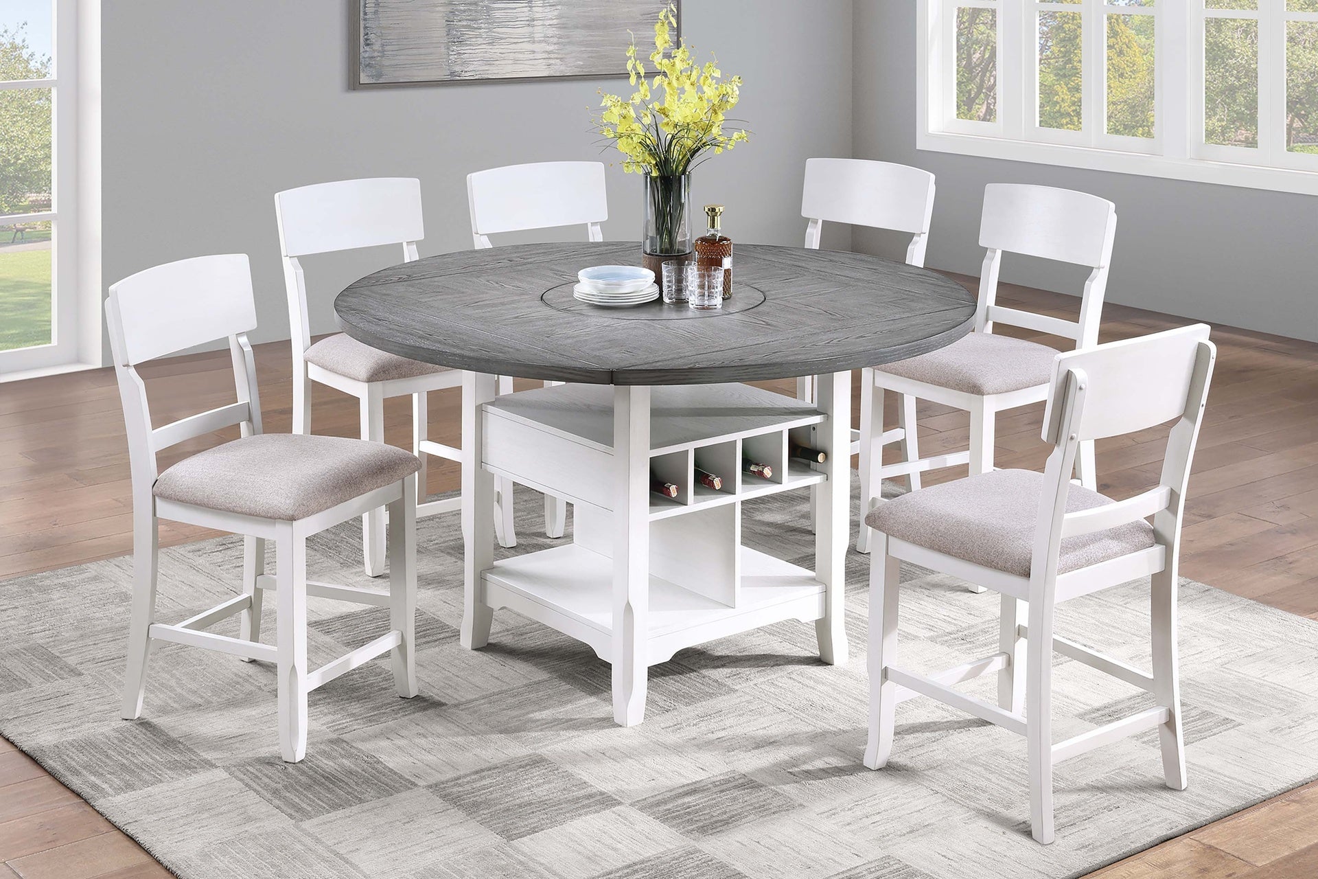 Antique White Color High Chairs Modern Ladder Back design Set of 2pc Counter HT. Dining Chairs Fabric Cushion Seat Wooden Dining Room