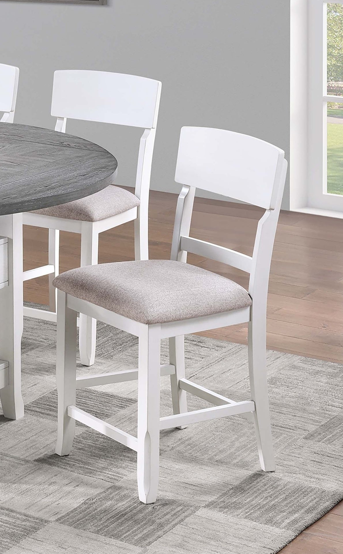 Antique White Color High Chairs Modern Ladder Back design Set of 2pc Counter HT. Dining Chairs Fabric Cushion Seat Wooden Dining Room