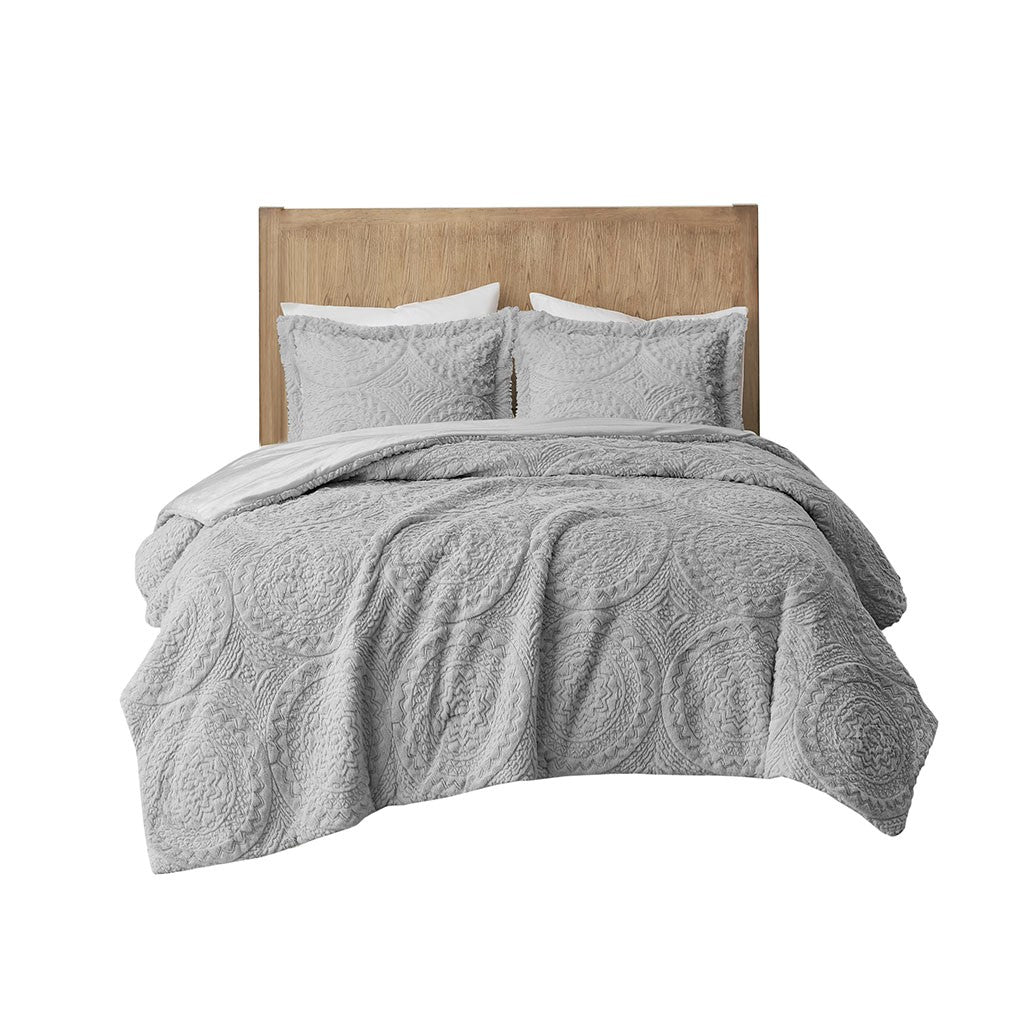 Full/Queen Embroidered Medallion Faux Fur Ultra Plush Comforter Mini Set
