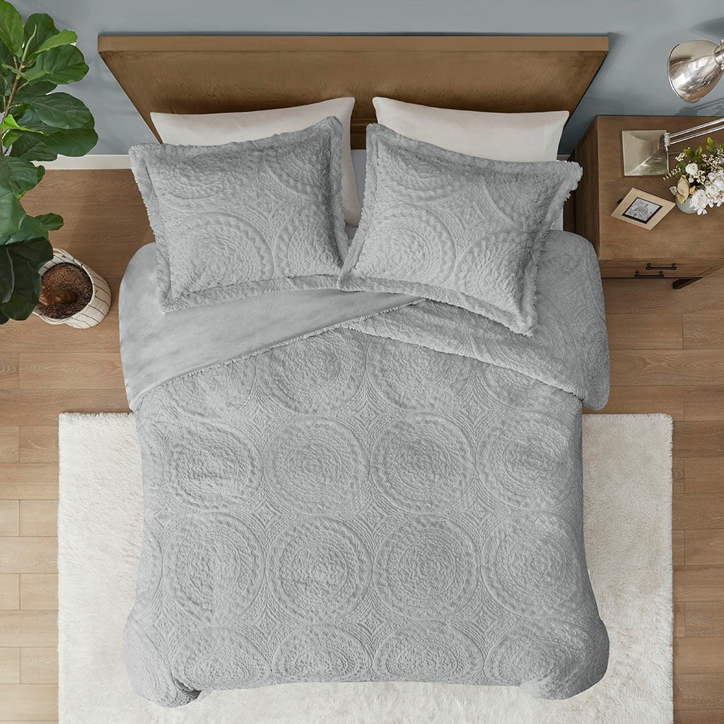 Full/Queen Embroidered Medallion Faux Fur Ultra Plush Comforter Mini Set