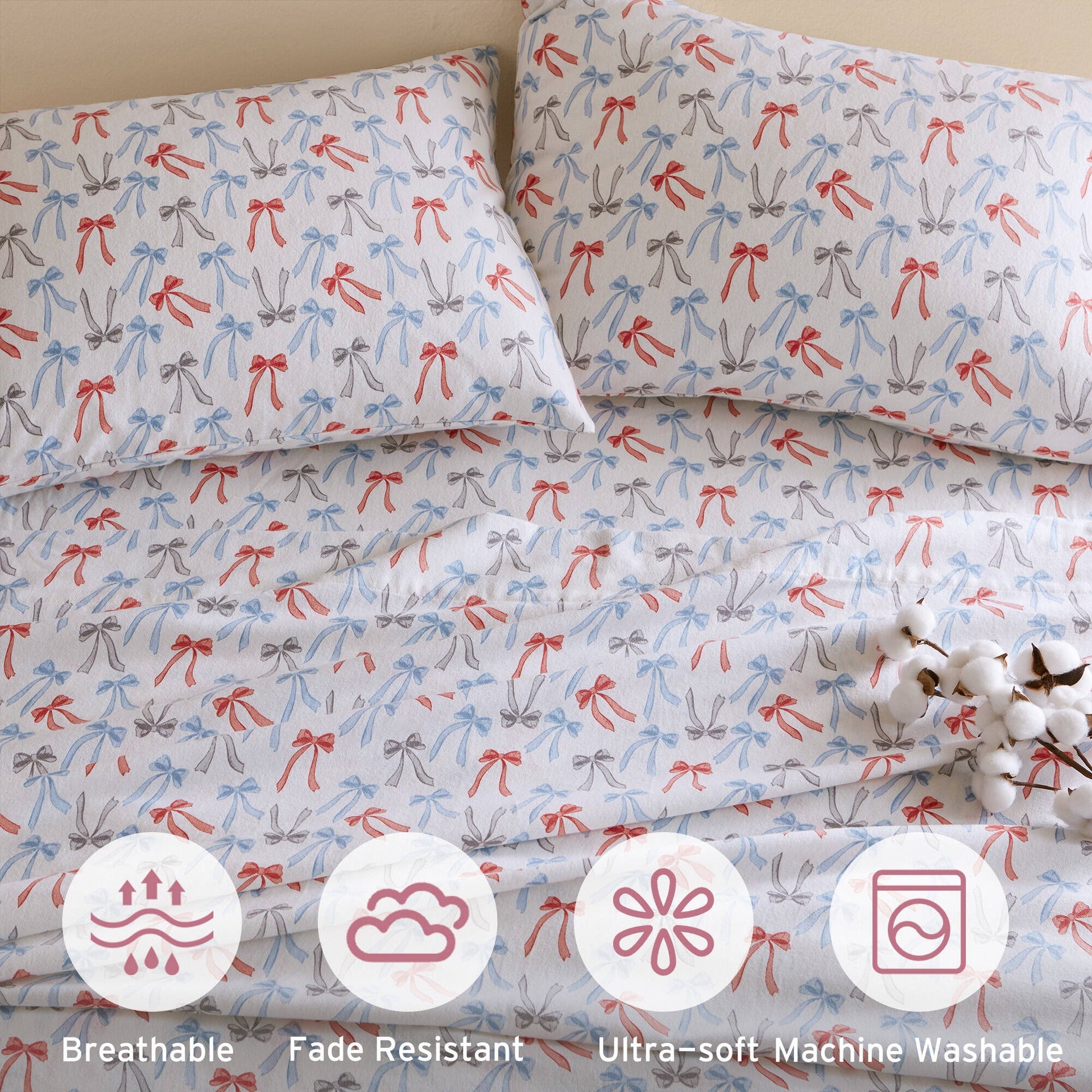 4-Piece Queen 100% Cotton Flannel Pigment Printed Sheet Set,Happy Bows
