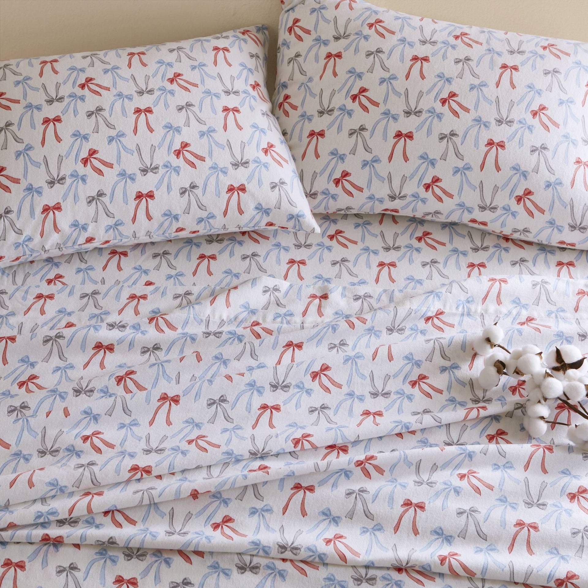 4-Piece Queen 100% Cotton Flannel Pigment Printed Sheet Set,Happy Bows