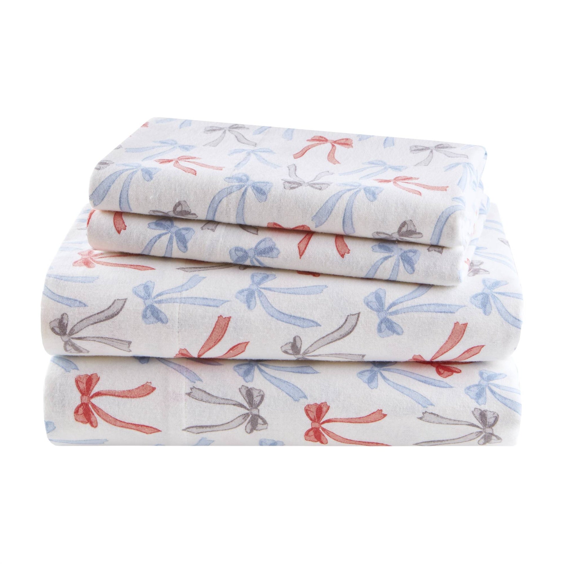 4-Piece Queen 100% Cotton Flannel Pigment Printed Sheet Set,Happy Bows
