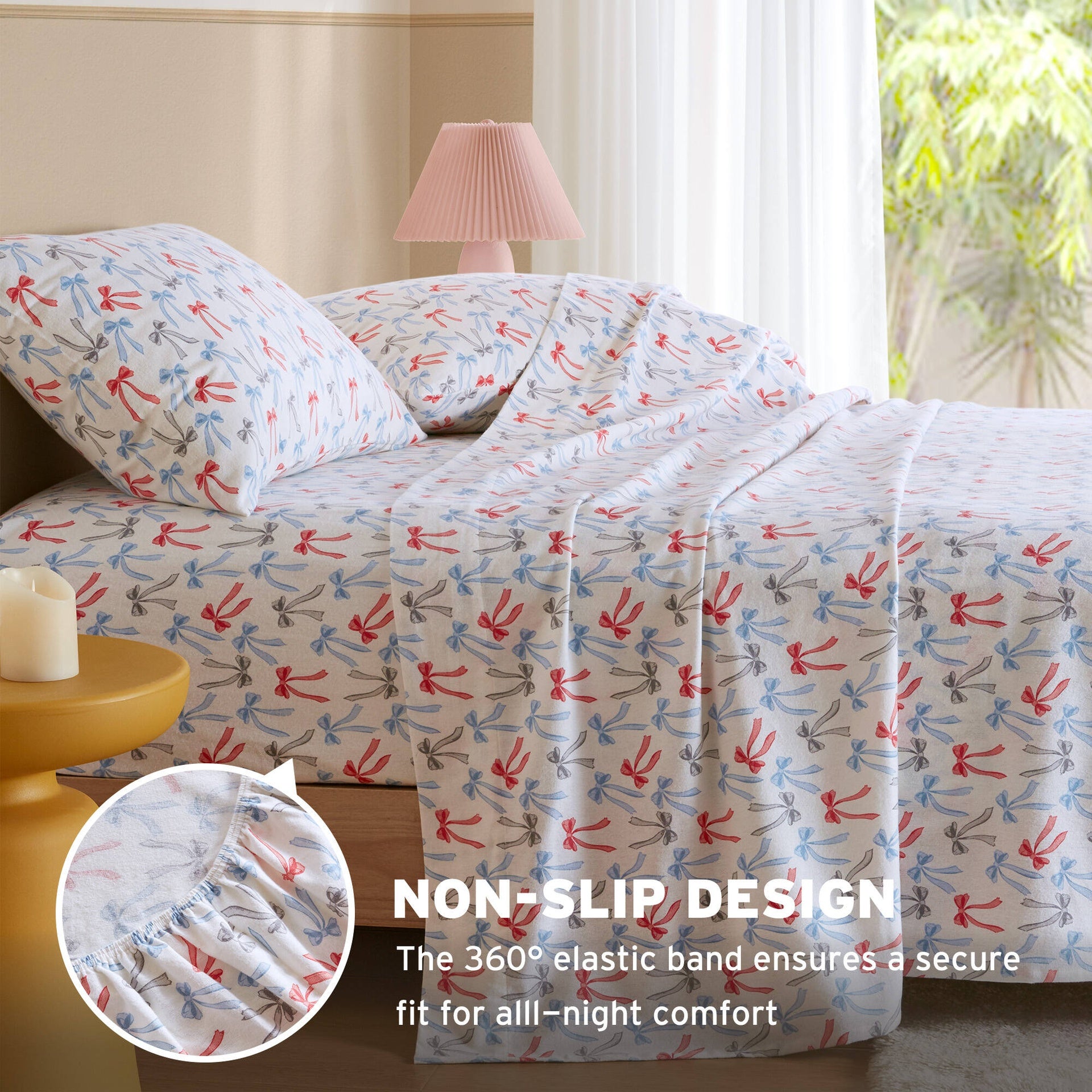 4-Piece Queen 100% Cotton Flannel Pigment Printed Sheet Set,Happy Bows