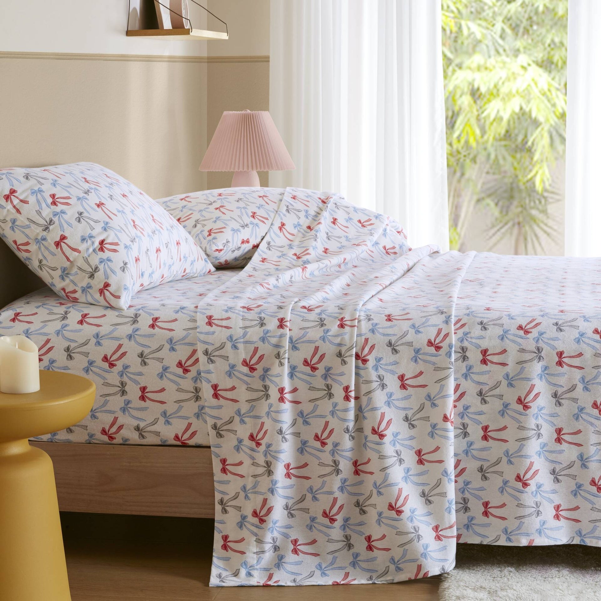 4-Piece Queen 100% Cotton Flannel Pigment Printed Sheet Set,Happy Bows