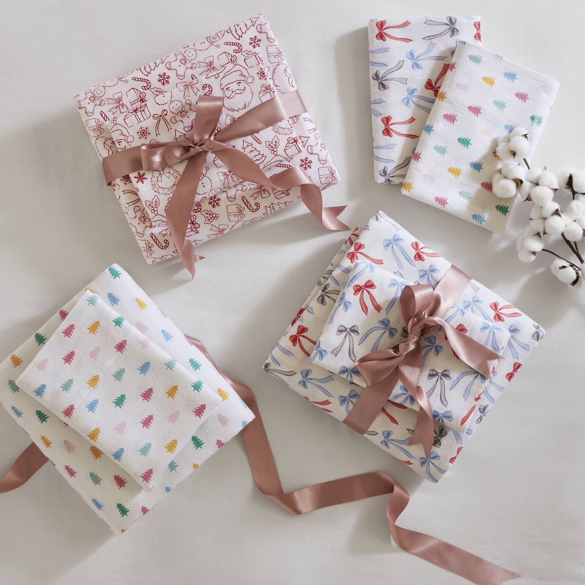 4-Piece Queen 100% Cotton Flannel Pigment Printed Sheet Set,Happy Bows