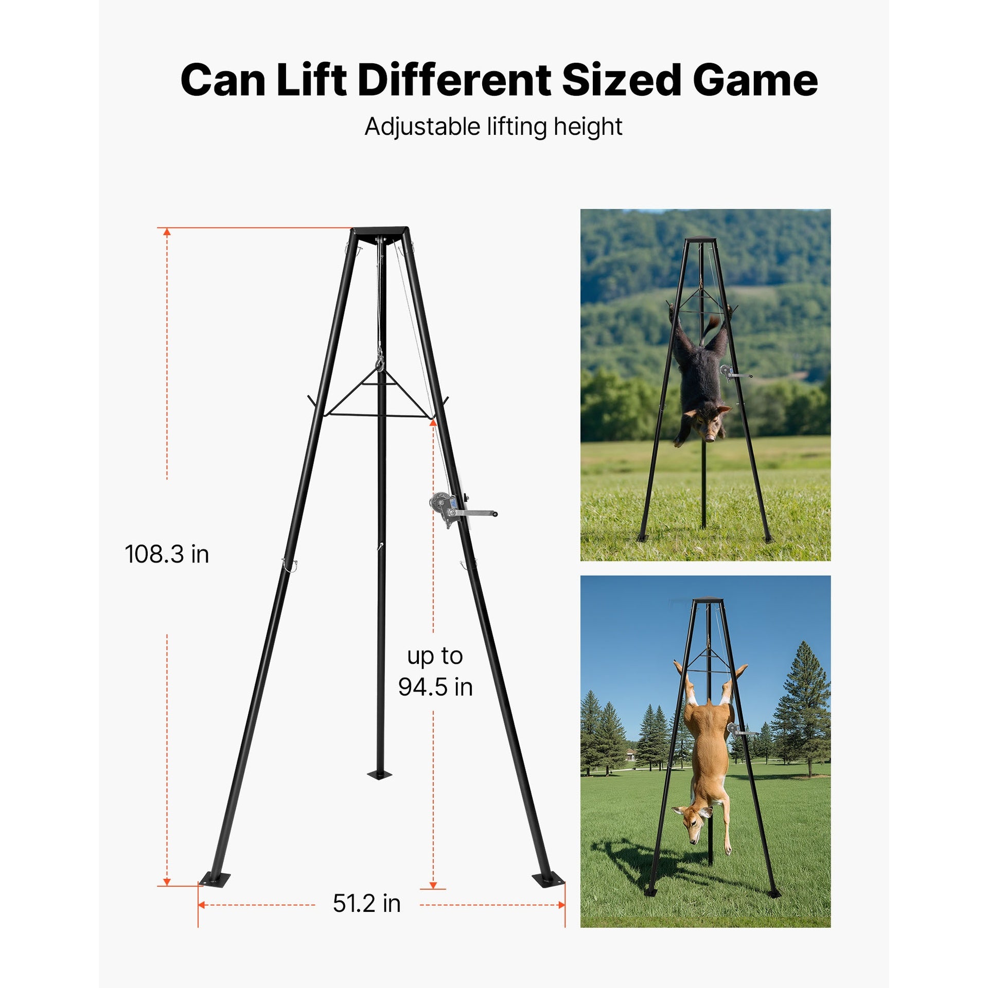 Tripod Deer Hoist, 500 lbs Load Capacity, Hunting Game Hoist Winch Lift with Gambrel & Manual Winch, Hunting Game Skinning and Cleaning Accessory for Cleaning, Skinning, and Moving, Black