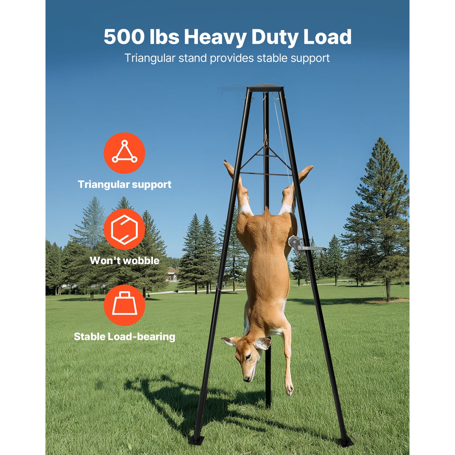 Tripod Deer Hoist, 500 lbs Load Capacity, Hunting Game Hoist Winch Lift with Gambrel & Manual Winch, Hunting Game Skinning and Cleaning Accessory for Cleaning, Skinning, and Moving, Black