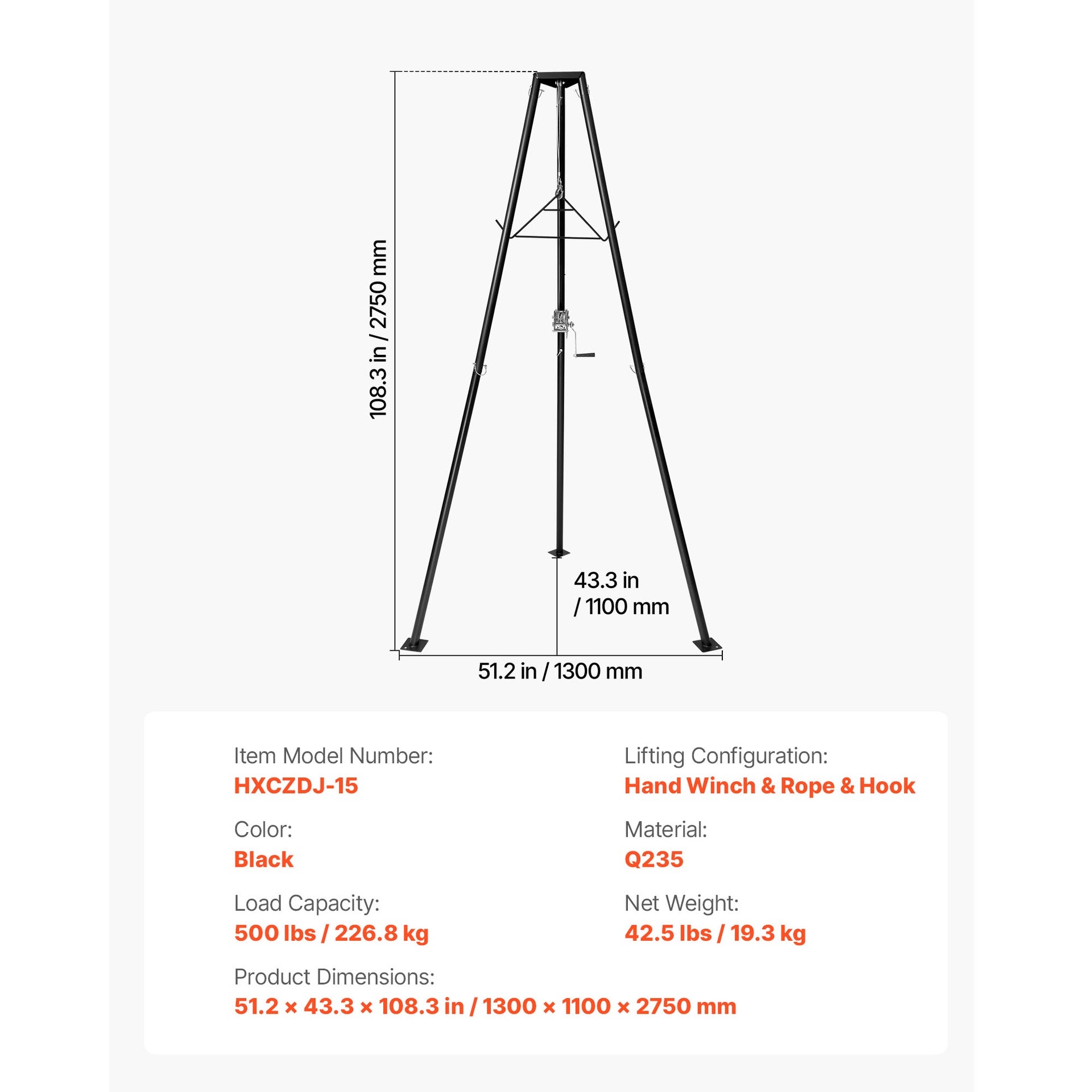 Tripod Deer Hoist, 500 lbs Load Capacity, Hunting Game Hoist Winch Lift with Gambrel & Manual Winch, Hunting Game Skinning and Cleaning Accessory for Cleaning, Skinning, and Moving, Black