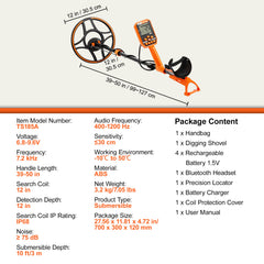 Waterproof Metal Detector, 12" Coil, Professional Rechargeable Gold Detector, 39-50 in Adjustable with LCD 7 Modes Advanced DSP Chip Bluetooth Headset, IP68 for Detecting Gold Treasure Hunting